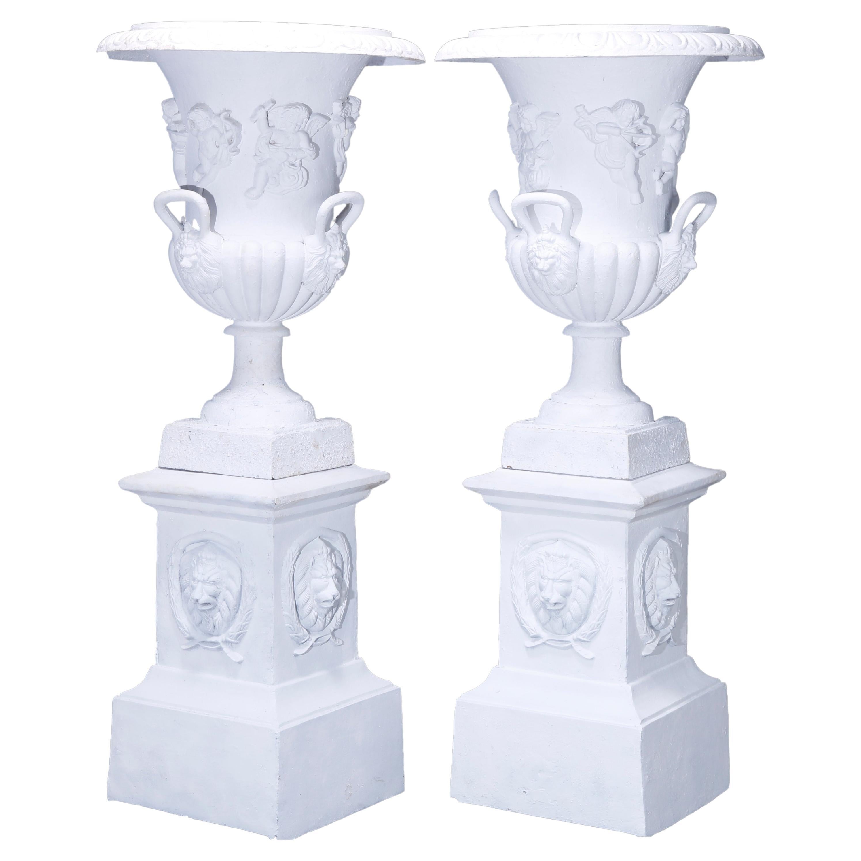 Antique Monumental Fiske School Classical Garden Urns, Cherubs 
Lions, 19th C