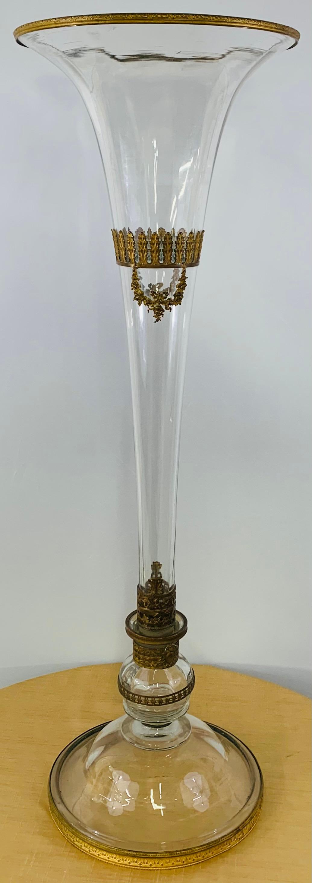 Antique Monumental Floriform Art Glass Glass Brass Mounted Vase For Sale 5