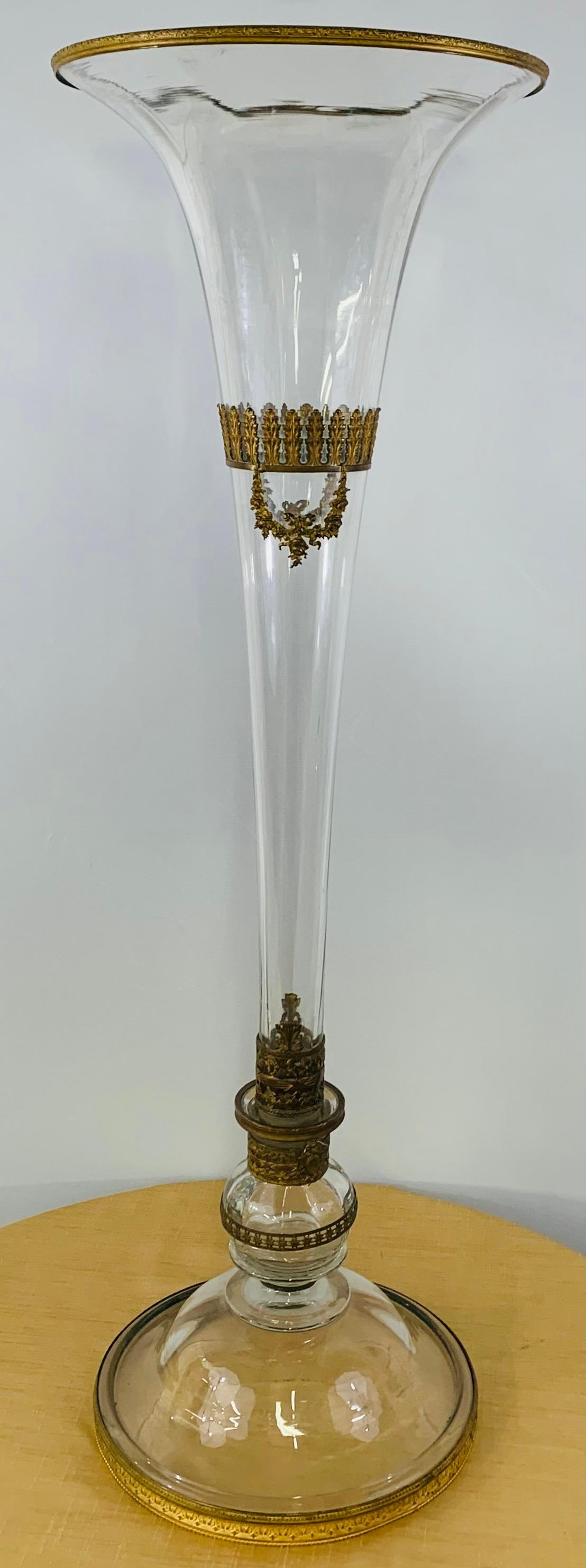 Antique Monumental Floriform Art Glass Glass Brass Mounted Vase For Sale 6