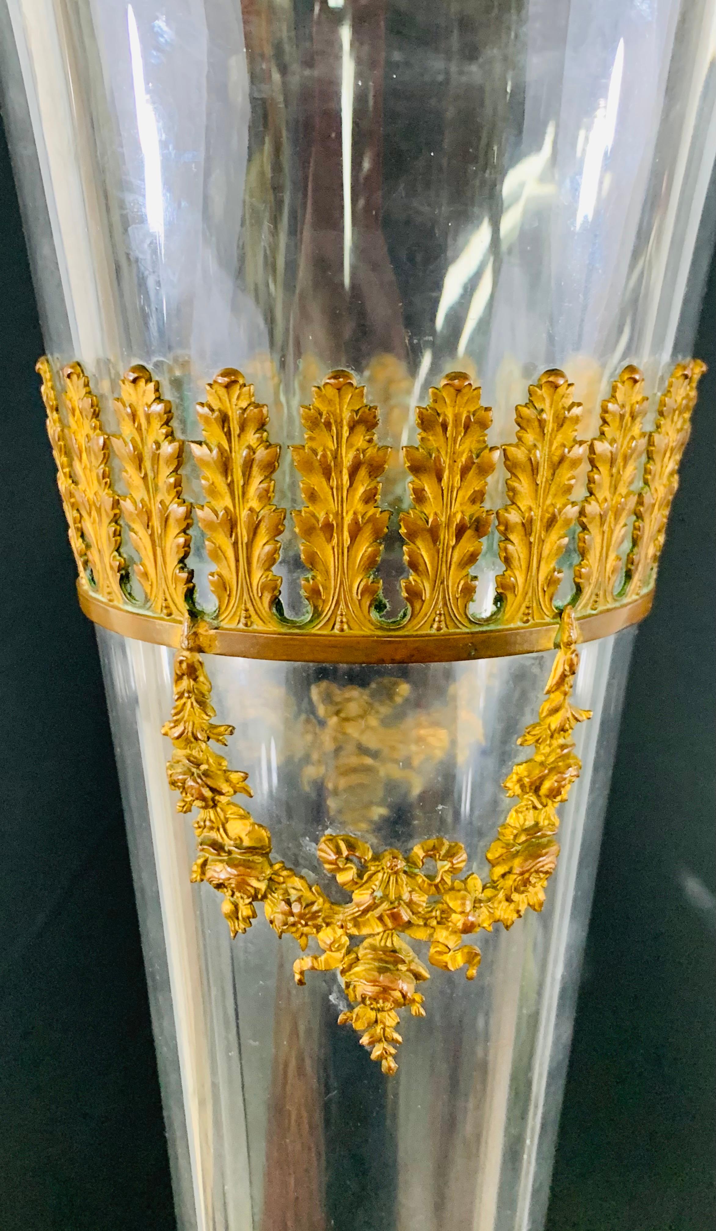 European Antique Monumental Floriform Art Glass Glass Brass Mounted Vase For Sale