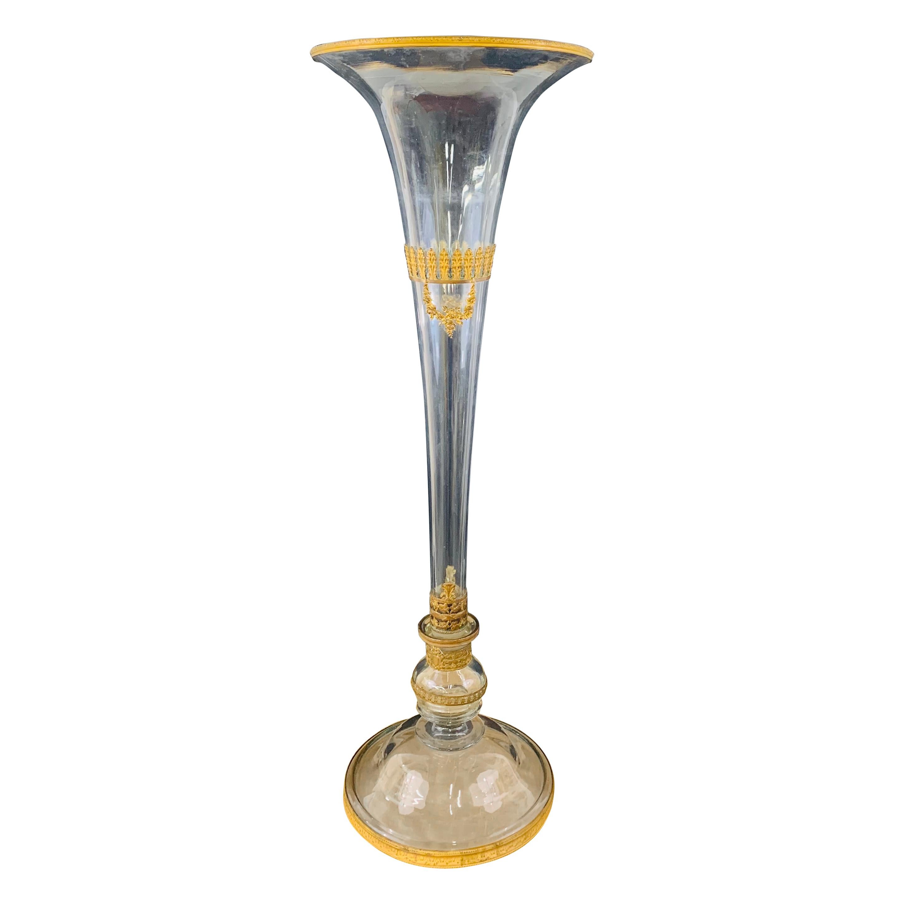 Antique Monumental Floriform Art Glass Glass Brass Mounted Vase For Sale