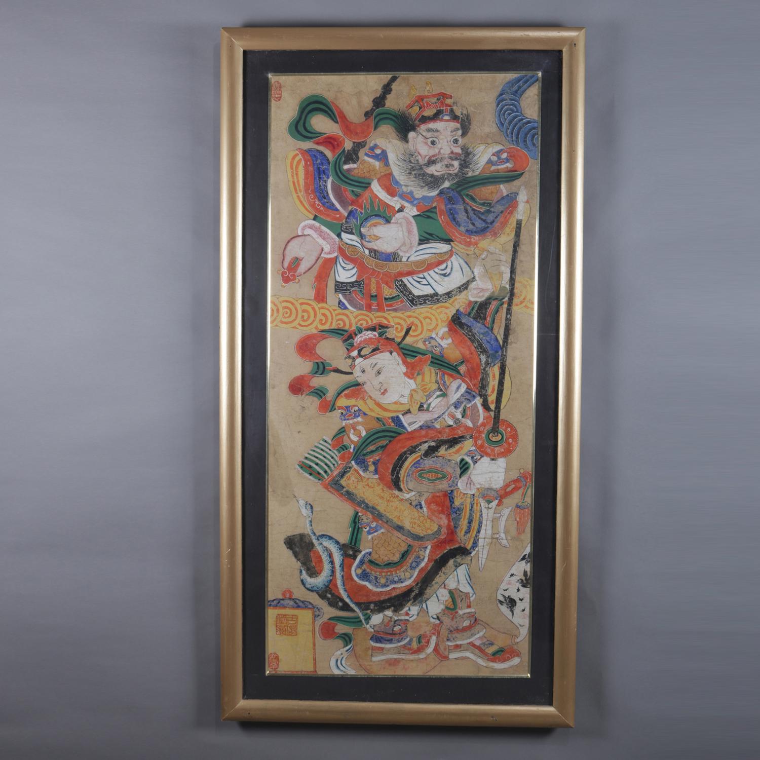 Antique monumental Chinese painting on paper depicts two warriors or warrior spirits, signed upper left and lower left, seated in frame with protective plexiglass, 19th century.

Measures: 63