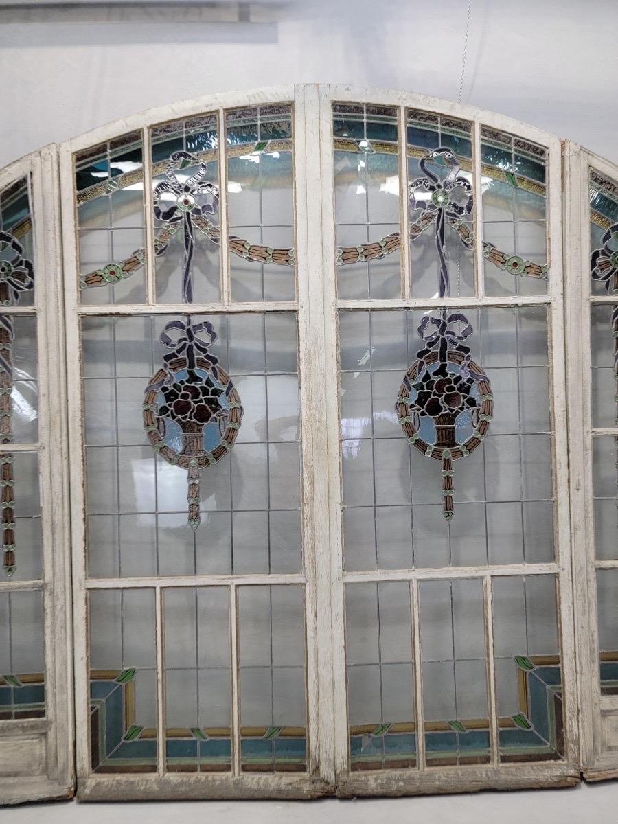 Antique Monumental French Arched Stained Glass Door Set For Sale at 1stDibs