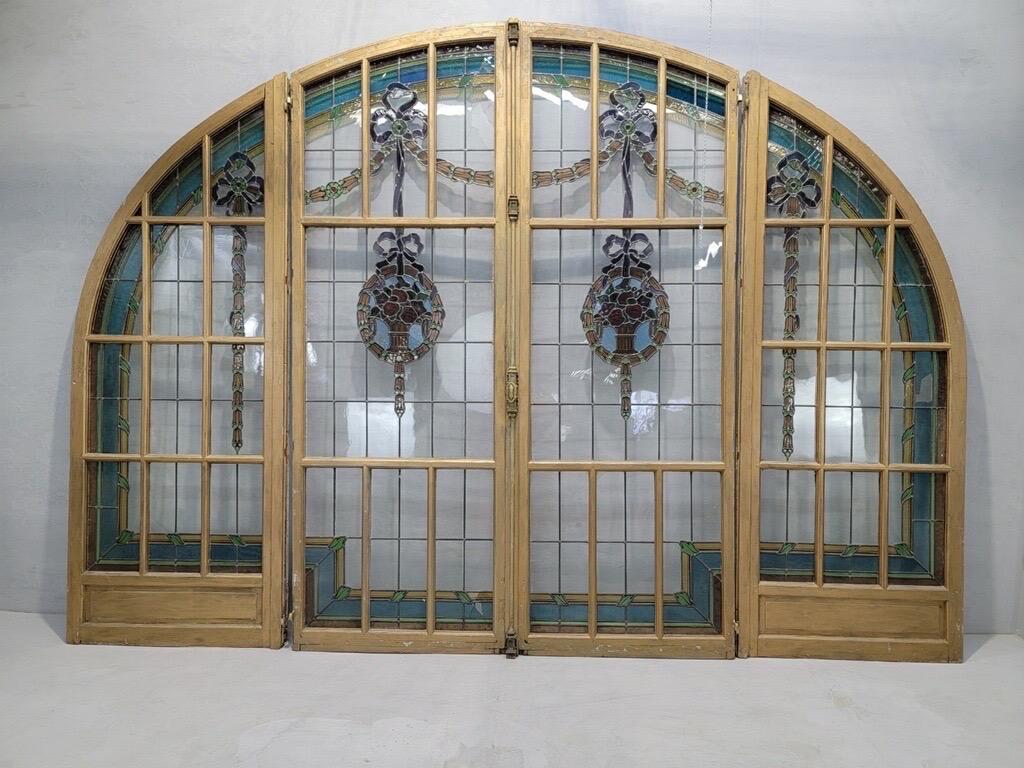 Antique Monumental French Arched Stained Glass Door Set For Sale at 1stDibs