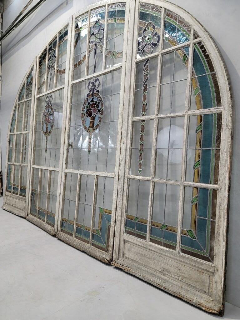 Antique Monumental French Arched Stained Glass Door Set For Sale at 1stDibs