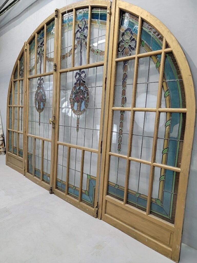 Antique Monumental French Arched Stained Glass Door Set For Sale at 1stDibs