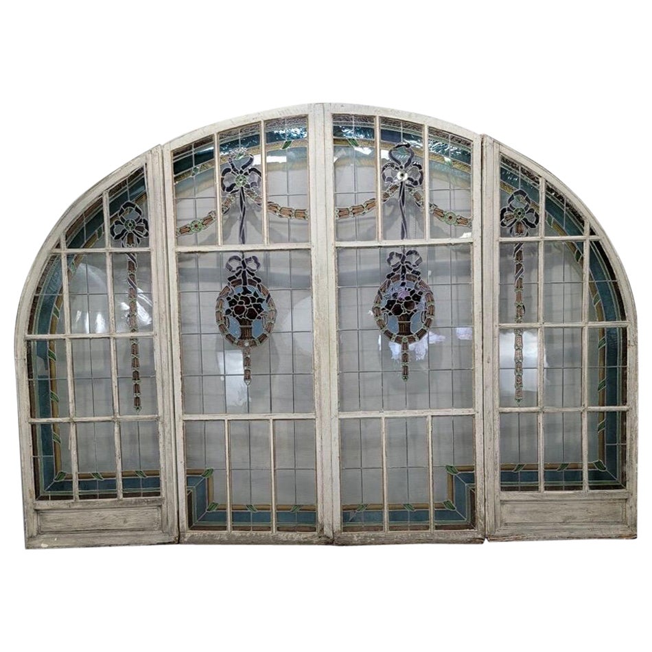 Antique Monumental French Arched Stained Glass Door Set