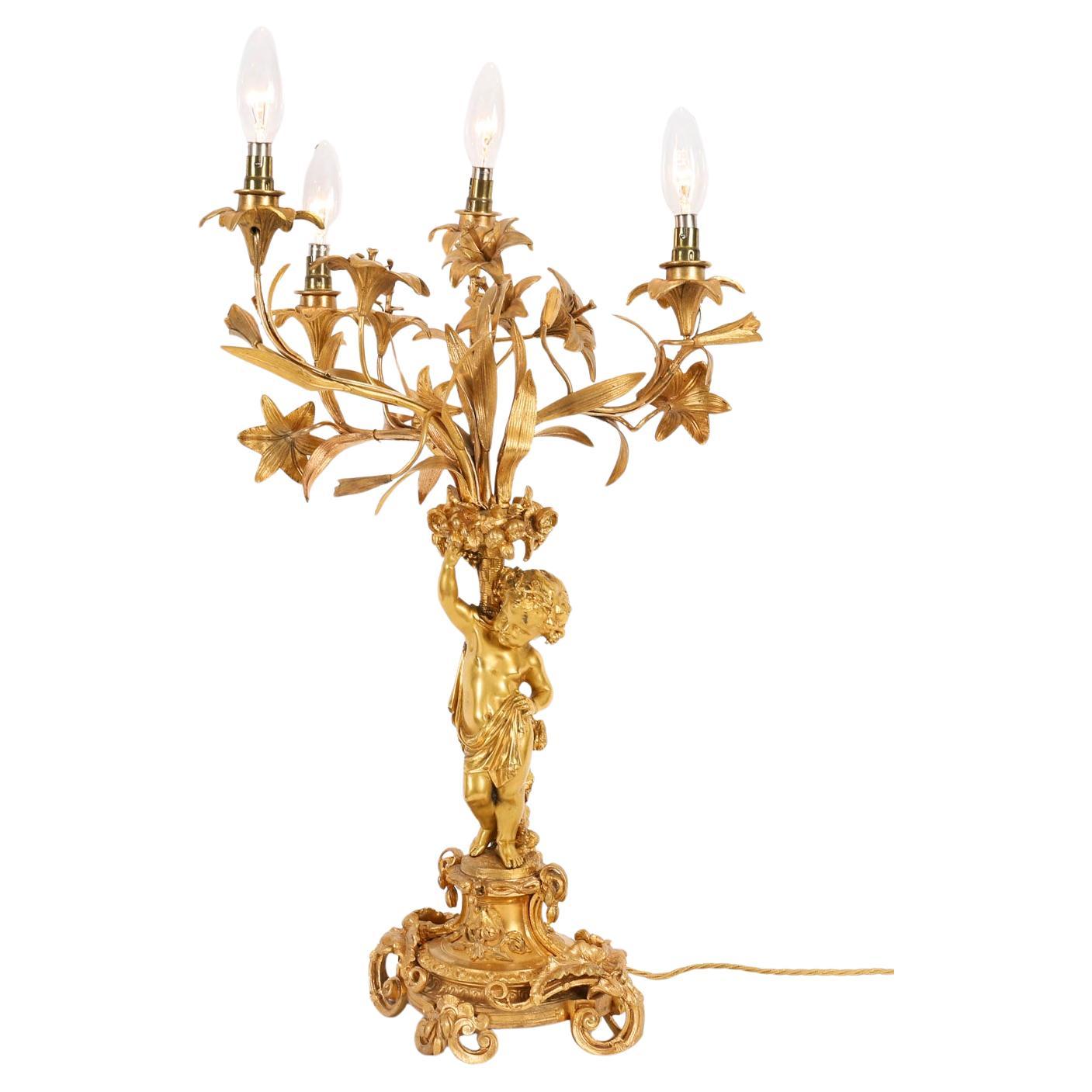 Antiguo Monumental Francés Ormolu Querubín Lámpara de Mesa Siglo XIX