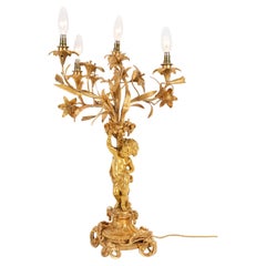 Antike Monumentale französische Goldbronze- Cherub-Tischlampe, 19. Jahrhundert
