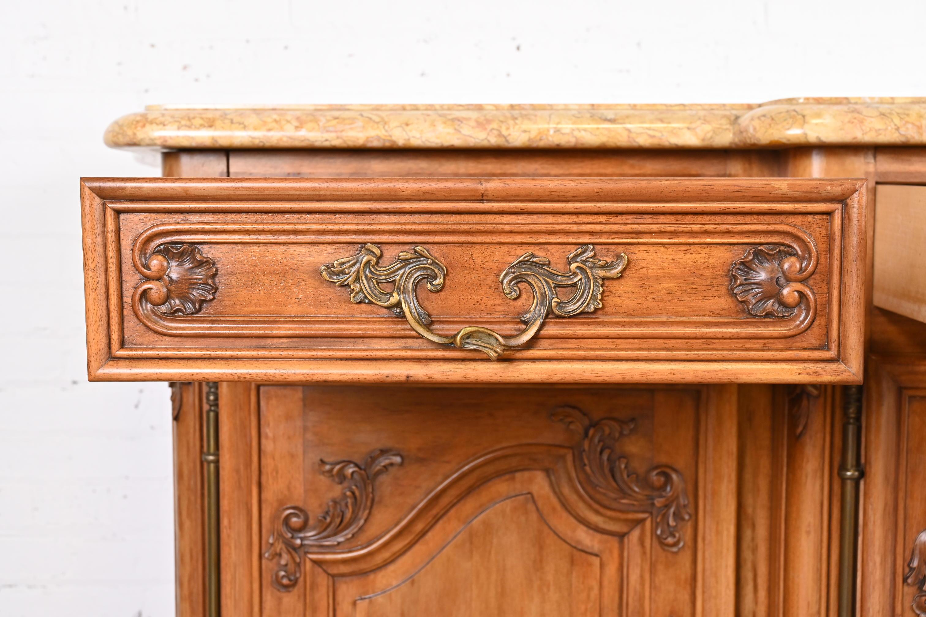 Antique Monumental French Provincial Louis XV Carved Walnut Marble Top Sideboard For Sale 6