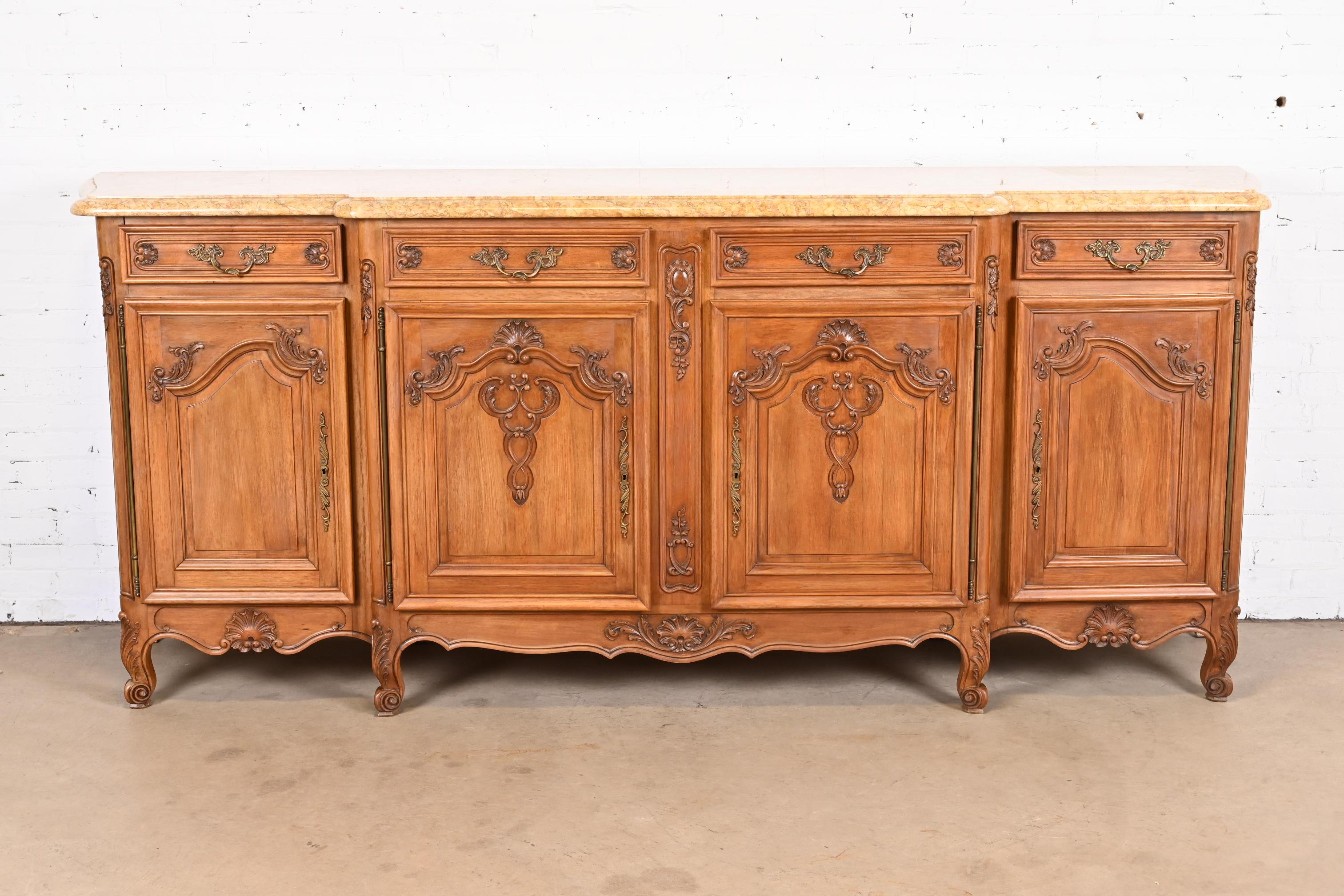 Antique Monumental French Provincial Louis XV Carved Walnut Marble Top Sideboard In Good Condition For Sale In South Bend, IN
