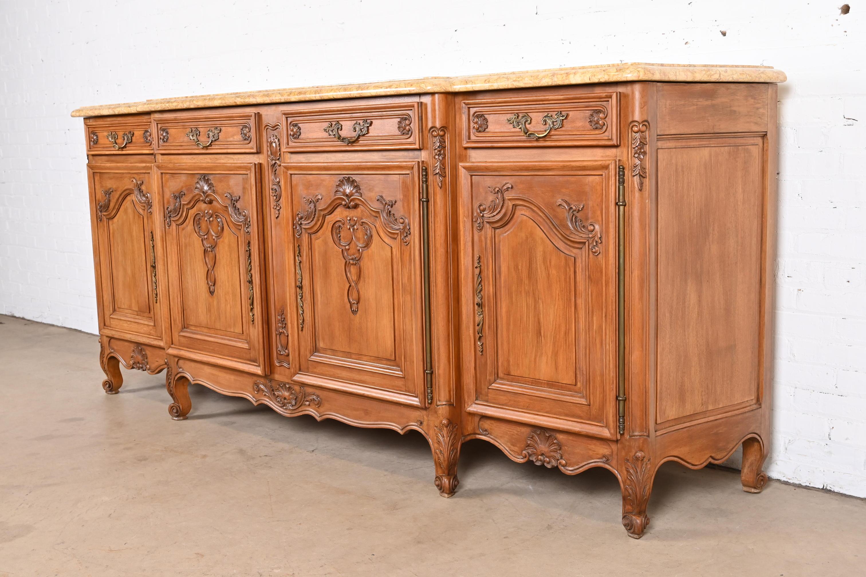 20th Century Antique Monumental French Provincial Louis XV Carved Walnut Marble Top Sideboard For Sale