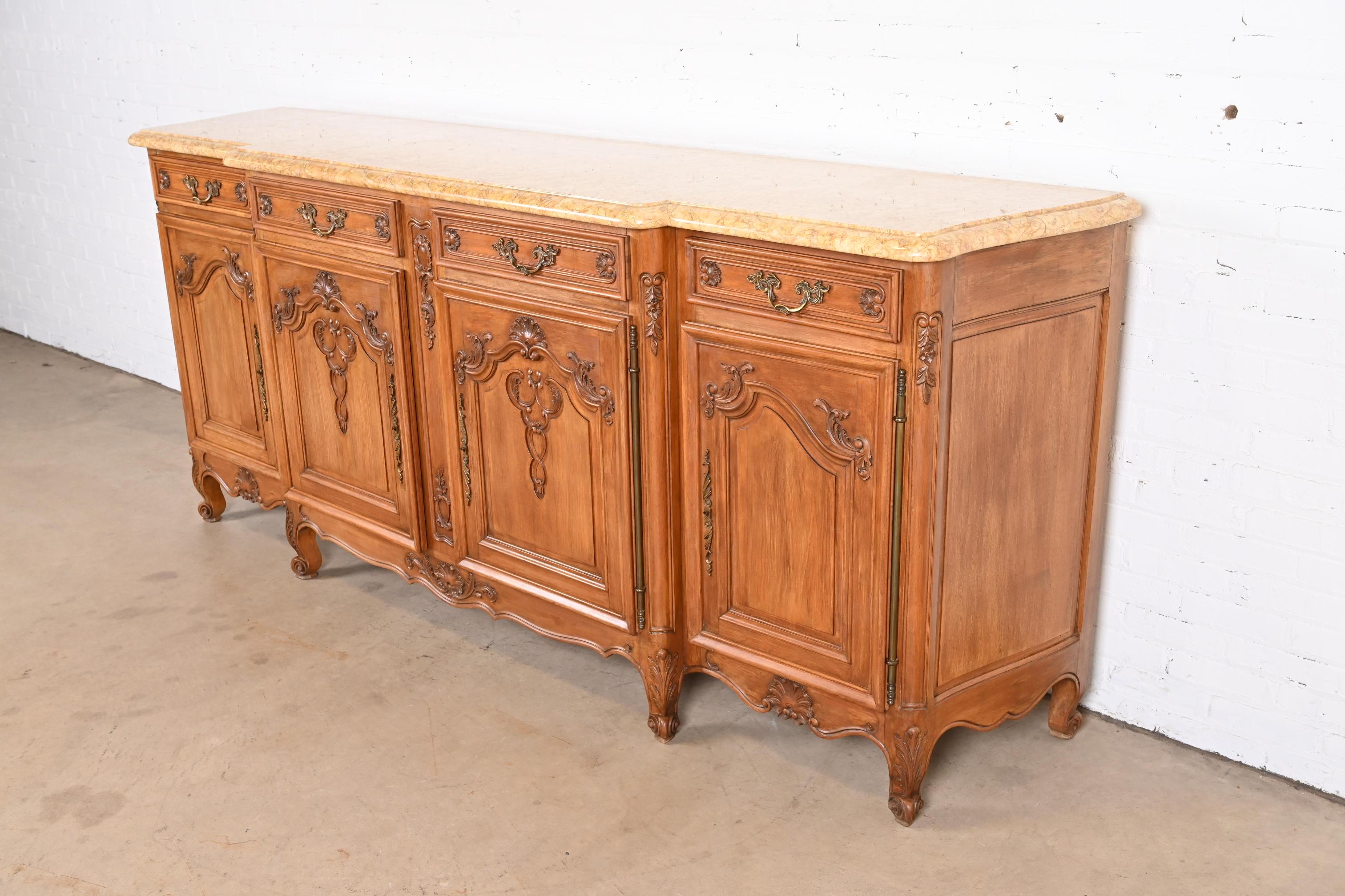 Antique Monumental French Provincial Louis XV Carved Walnut Marble Top Sideboard For Sale 1