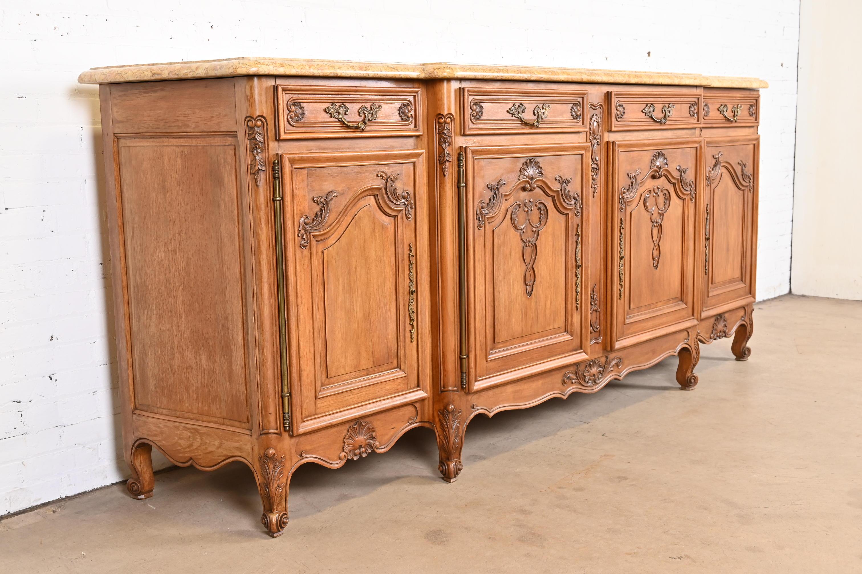 Antique Monumental French Provincial Louis XV Carved Walnut Marble Top Sideboard For Sale 2
