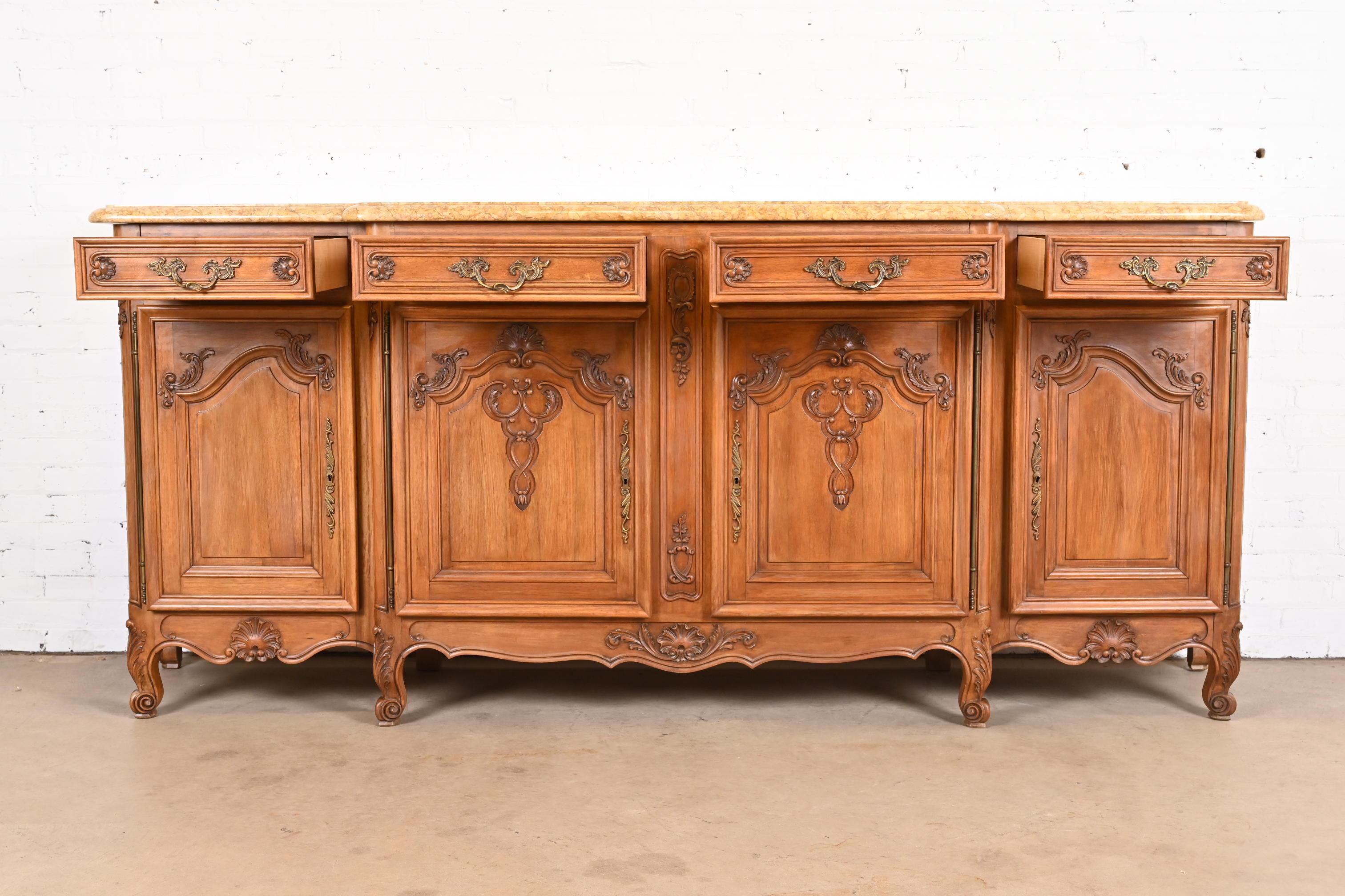 Antique Monumental French Provincial Louis XV Carved Walnut Marble Top Sideboard For Sale 4