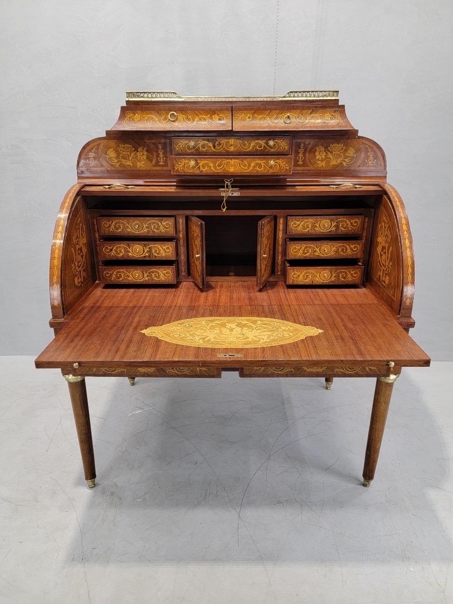Inlay Antique Monumental French Regency Inlaid Brass Mounted Barrel Roll Top Desk For Sale