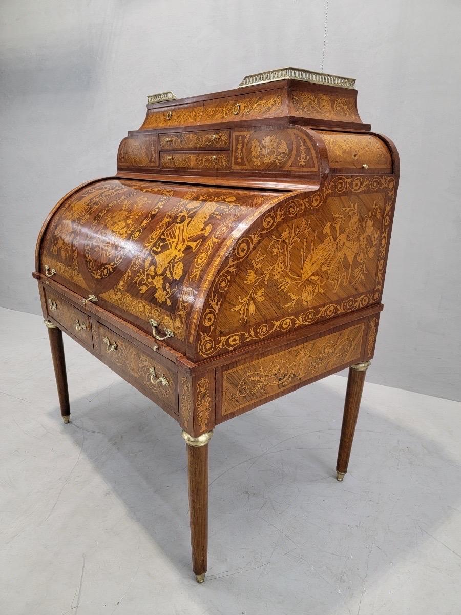 19th Century Antique Monumental French Regency Inlaid Brass Mounted Barrel Roll Top Desk For Sale