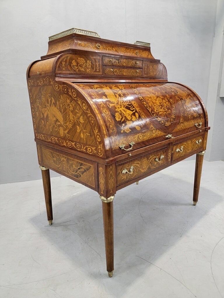 Antique Monumental French Regency Inlaid Brass Mounted Barrel Roll Top Desk For Sale 1