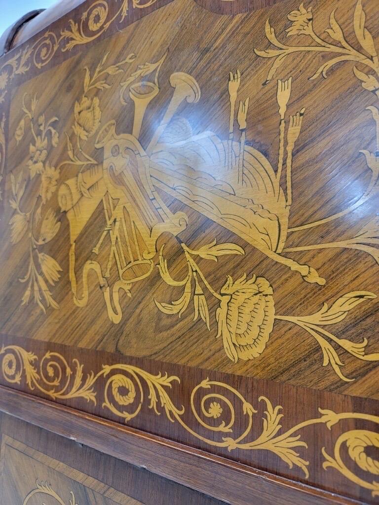 Antique Monumental French Regency Inlaid Brass Mounted Barrel Roll Top Desk For Sale 2