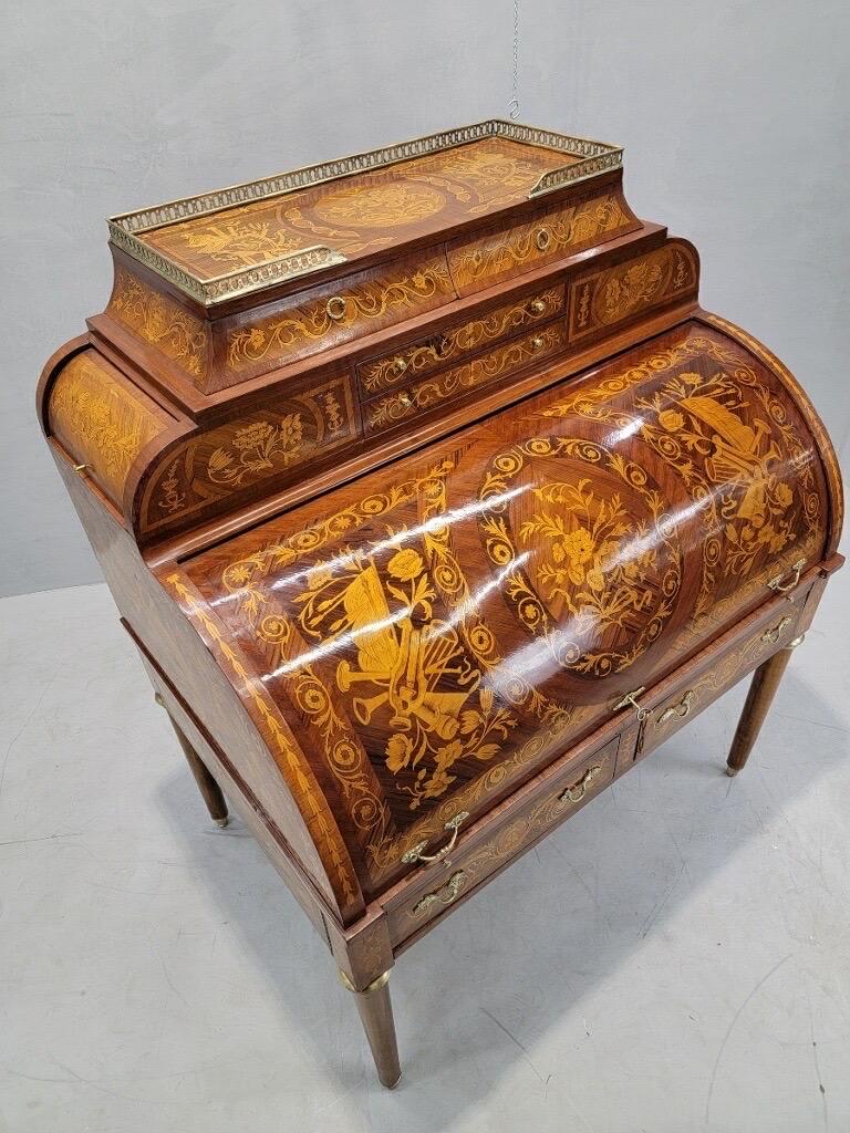 Antique Monumental French Regency Inlaid Brass Mounted Barrel Roll Top Desk For Sale 3