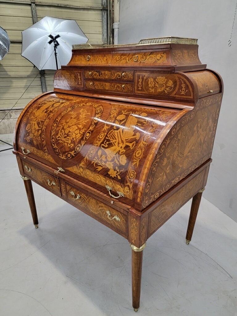 Antique Monumental French Regency Inlaid Brass Mounted Barrel Roll Top Desk For Sale 4