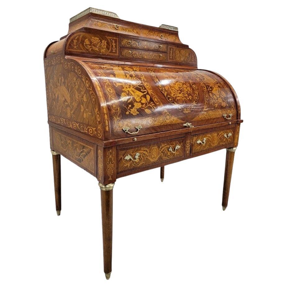 Antique Monumental French Regency Inlaid Brass Mounted Barrel Roll Top Desk For Sale
