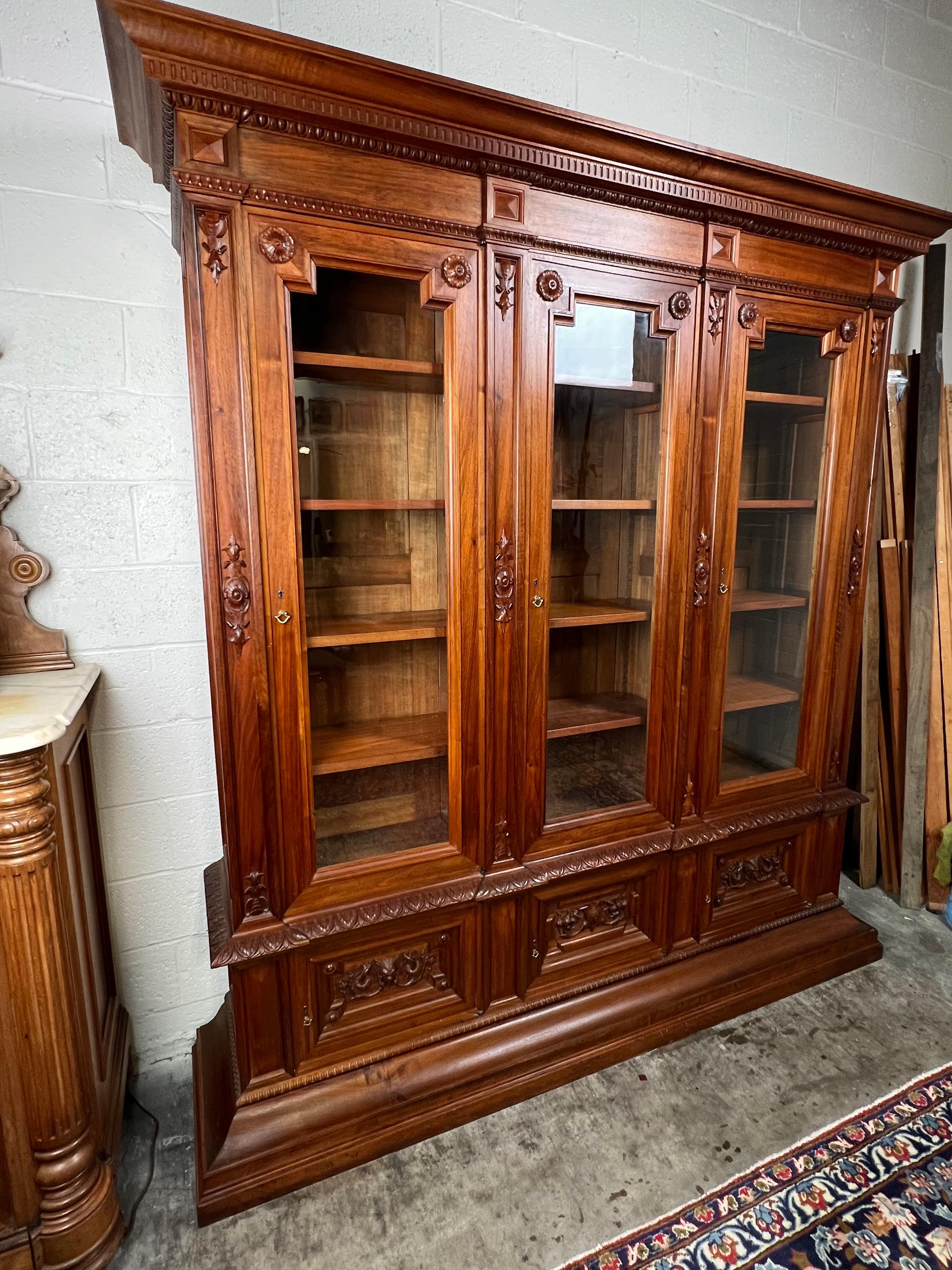 American Antique Monumental French Renaissance Revival Walnut Glass Door Bookcase