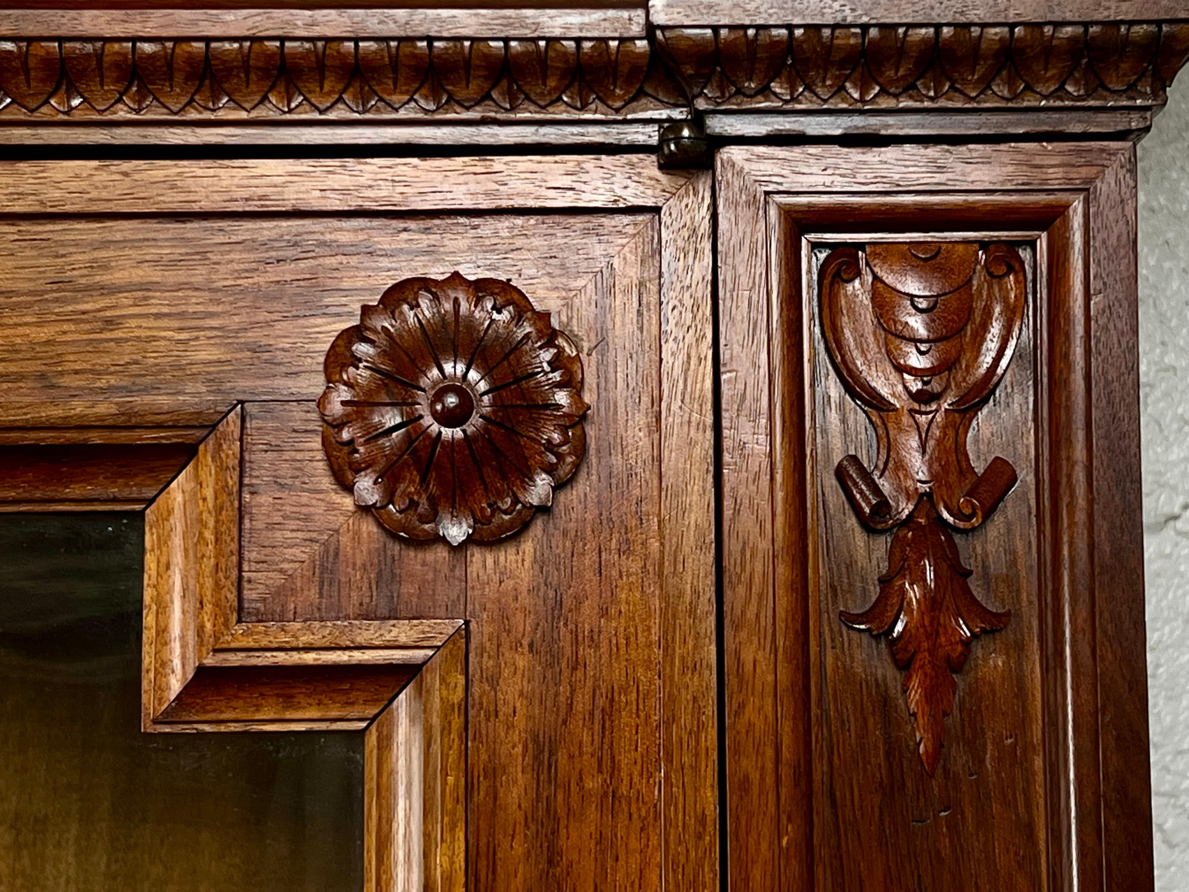 Antique Monumental French Renaissance Revival Walnut Glass Door Bookcase In Good Condition In Westfield, MA