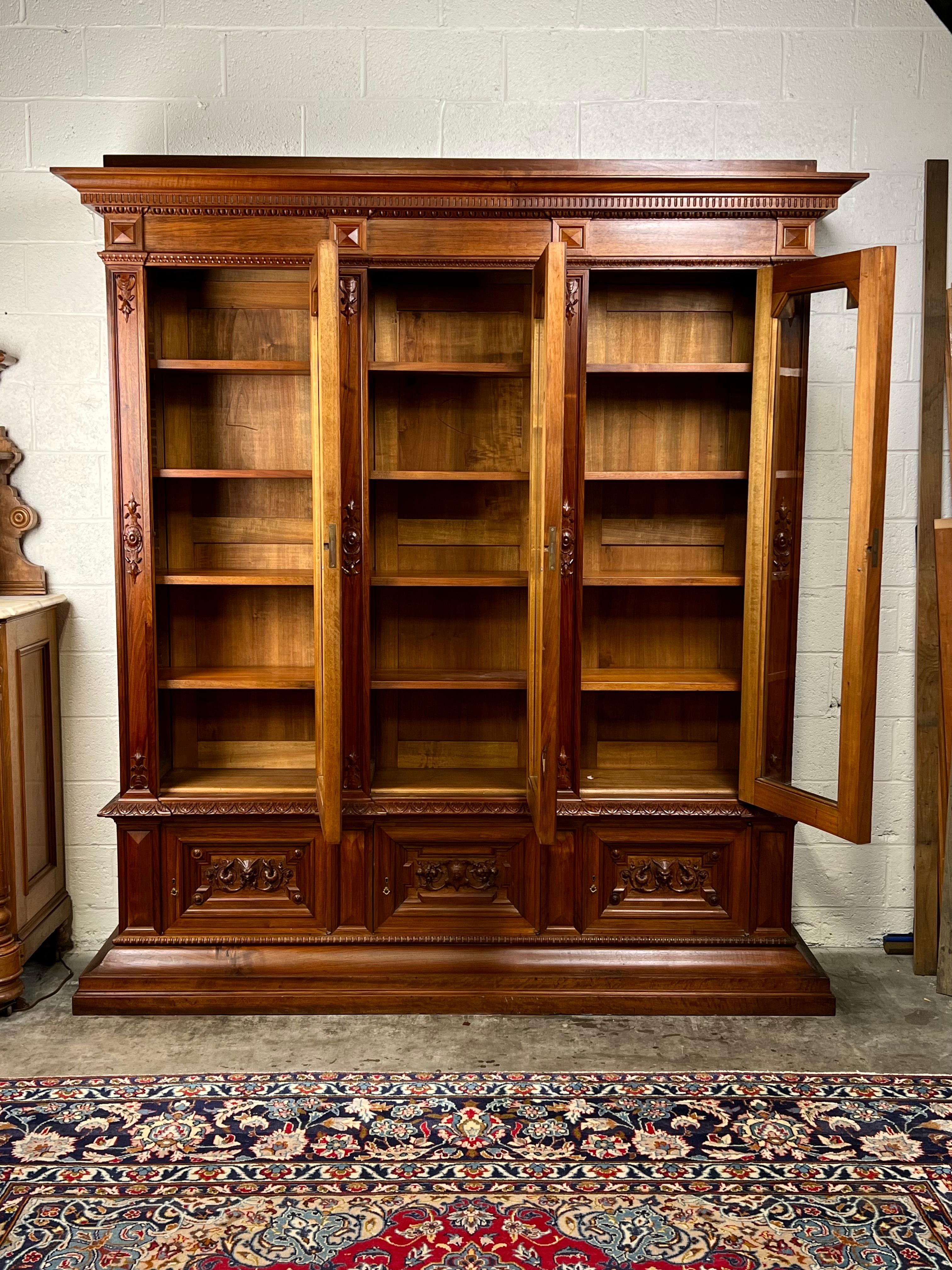 Antique Monumental French Renaissance Revival Walnut Glass Door Bookcase 3