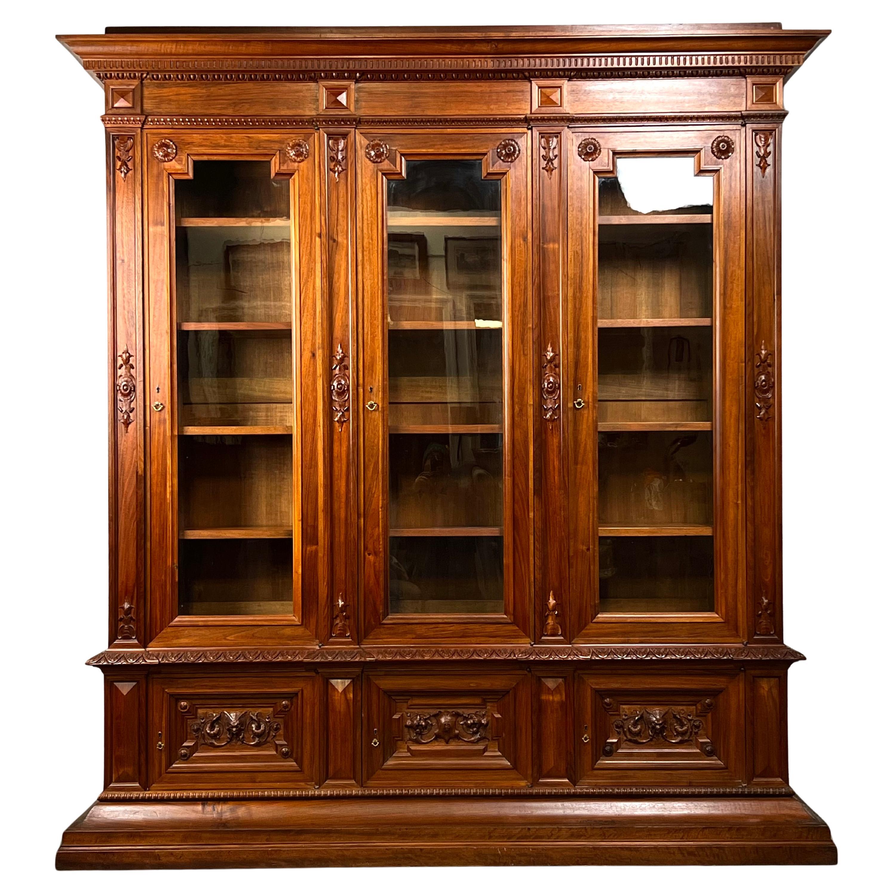 Antiguo Monumental Renacimiento Francés Librería con Puertas de Cristal de Nogal