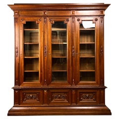 Antiguo Monumental Renacimiento Francés Librería con Puertas de Cristal de Nogal