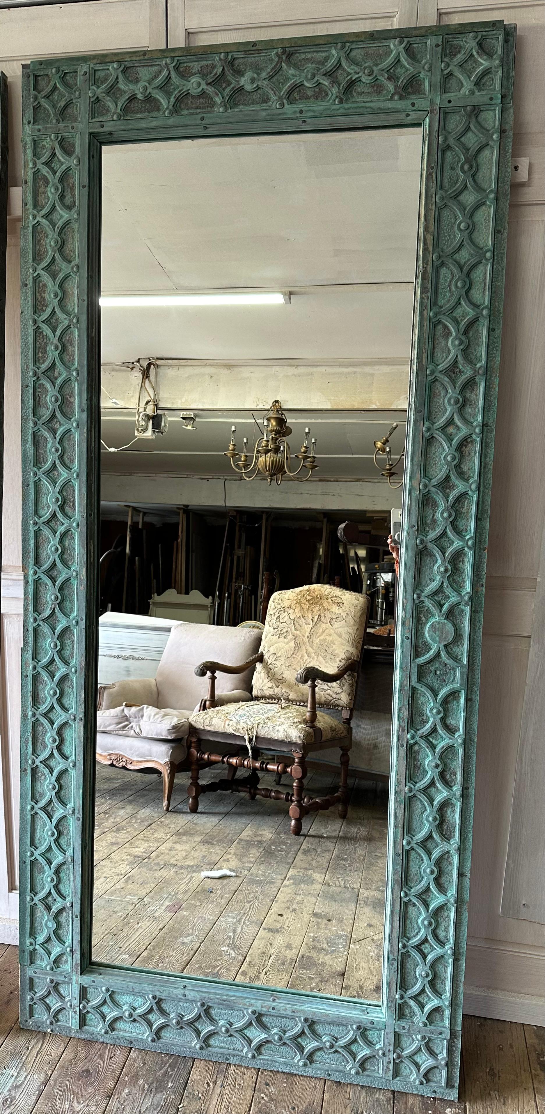 Antique Monumental Full-Length Verdigris Bronze Floor Mirror In Good Condition For Sale In Sheffield, MA