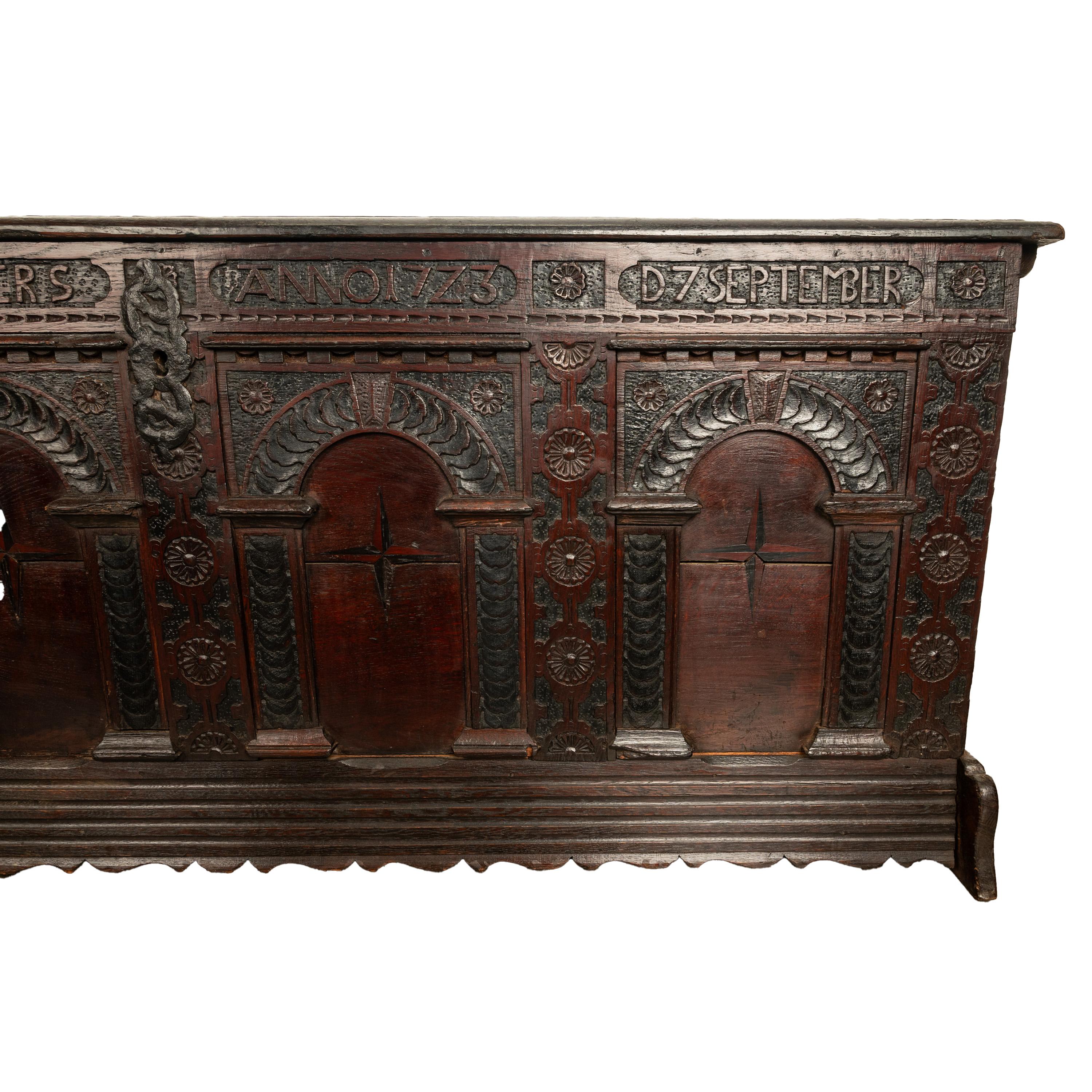 Antique Monumental German Carved Oak Baroque Marquetry Dowry Chest Coffer 1723 For Sale 8
