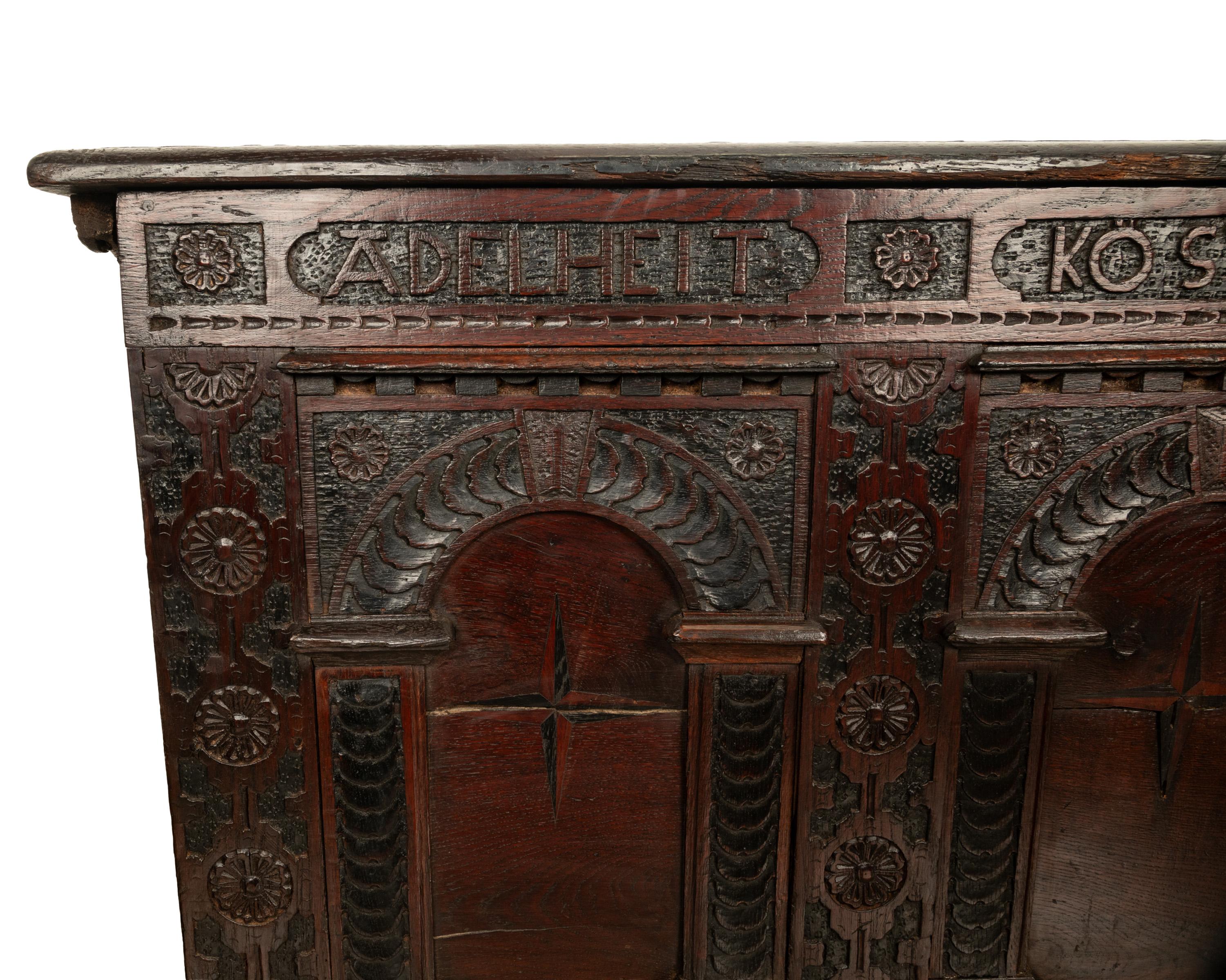Antique Monumental German Carved Oak Baroque Marquetry Dowry Chest Coffer 1723 For Sale 10