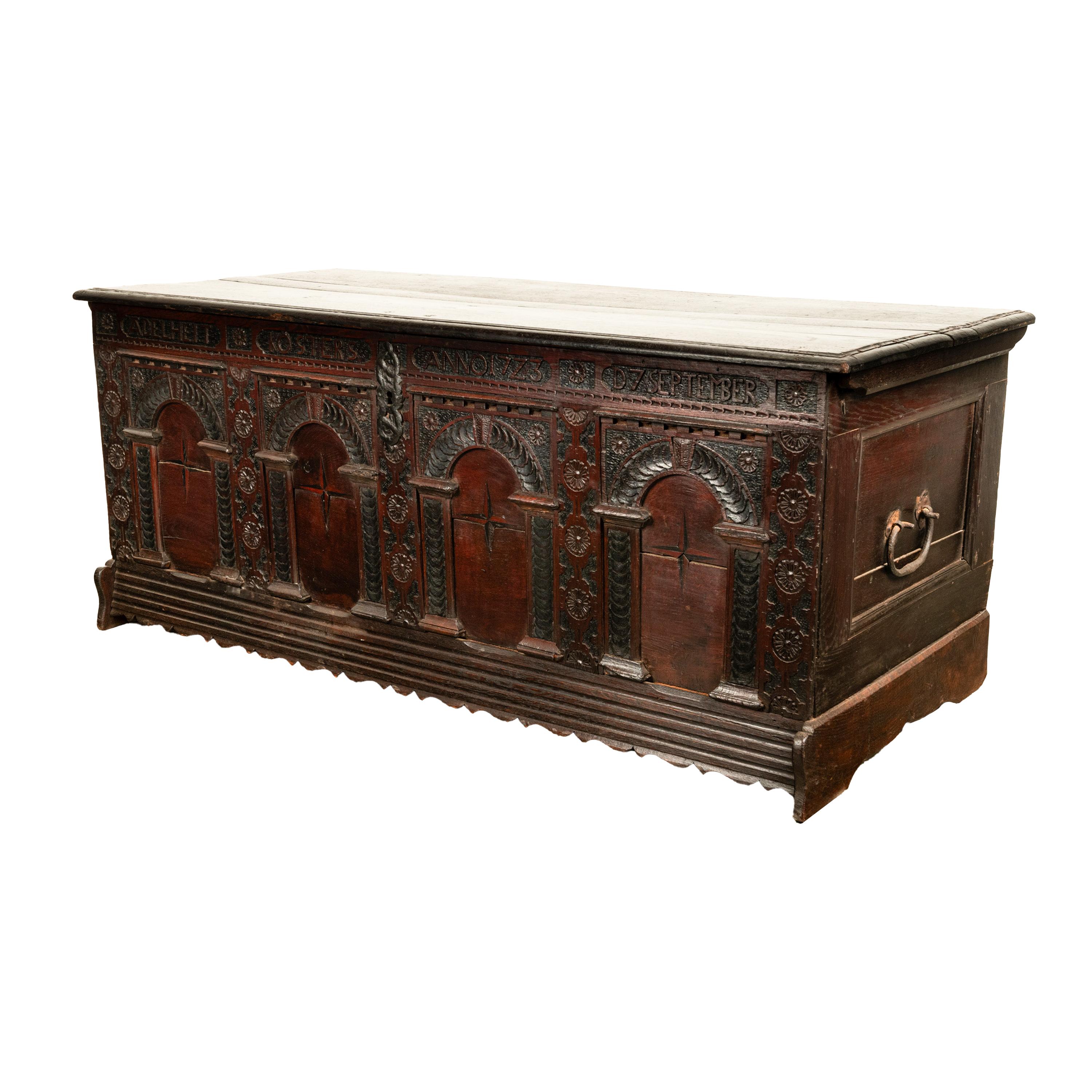 Antique Monumental German Carved Oak Baroque Marquetry Dowry Chest Coffer 1723 In Good Condition For Sale In Portland, OR