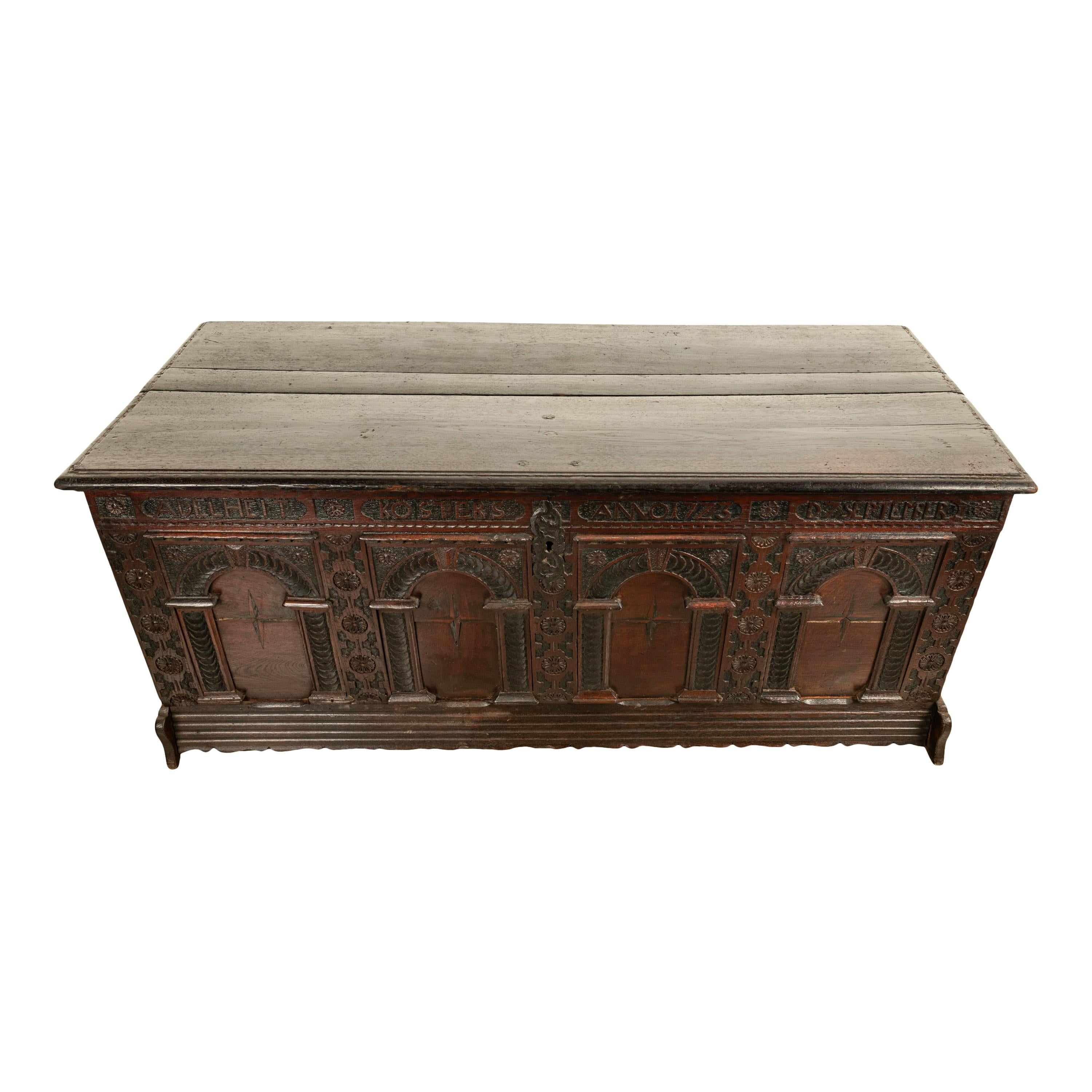 Early 18th Century Antique Monumental German Carved Oak Baroque Marquetry Dowry Chest Coffer 1723 For Sale