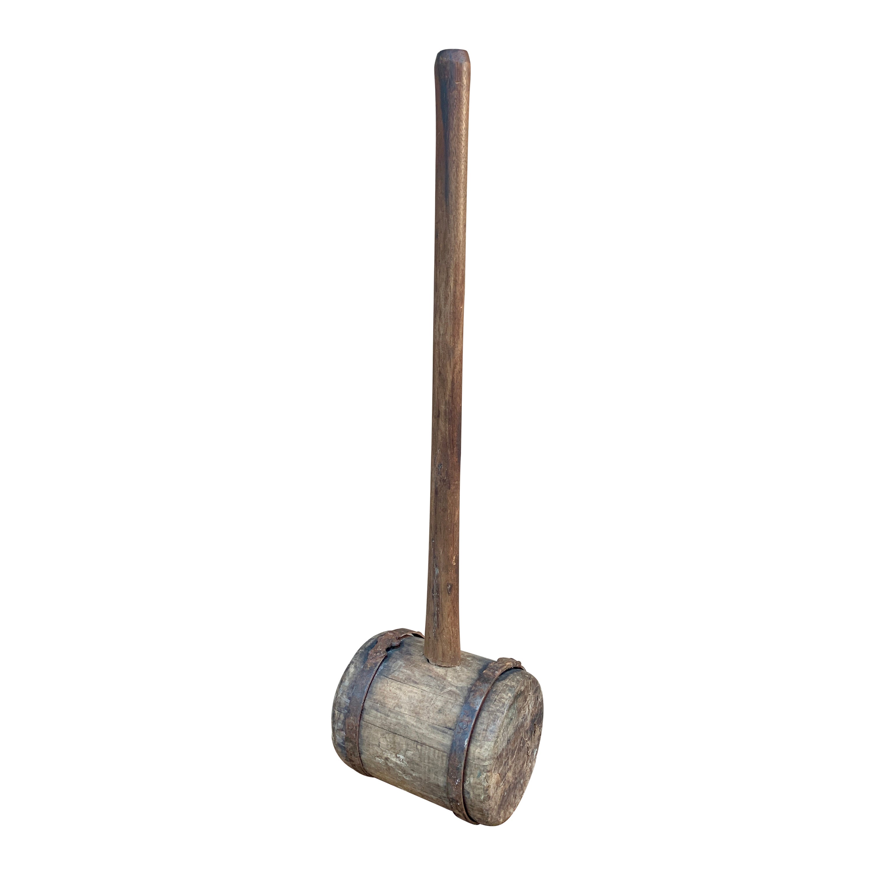 Antique Monumental Hand Made Wooden and Wrought Iron Carpenter's Mallet (maillet de charpentier en bois et en fer forgé)