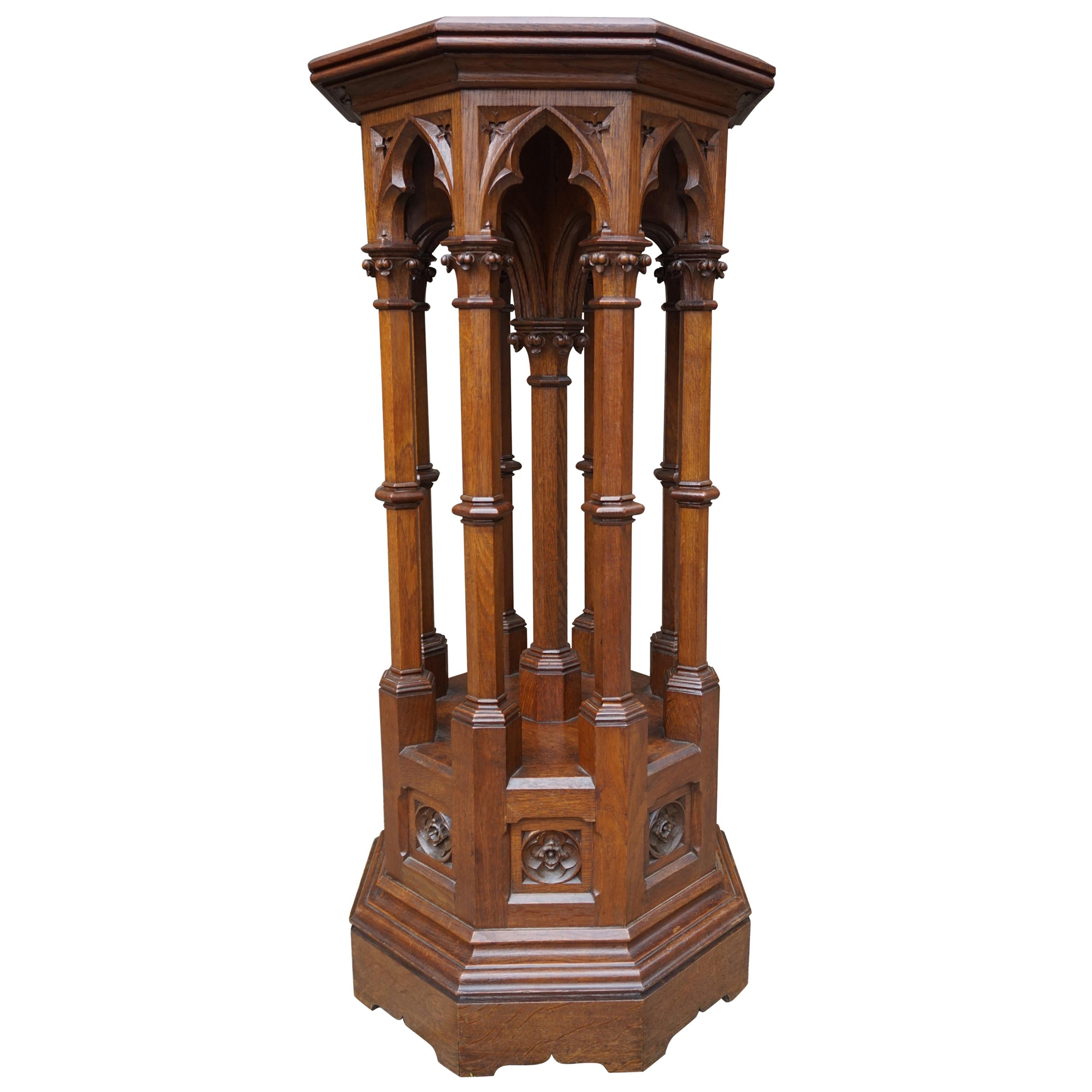 Antique 
Monumental Handcarved Oak Gothic Revival Church Columns Pedestal Stand