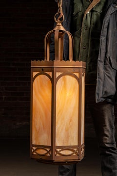 Antique Monumental Hexagonal Slag Glass Hanging Light Fixture