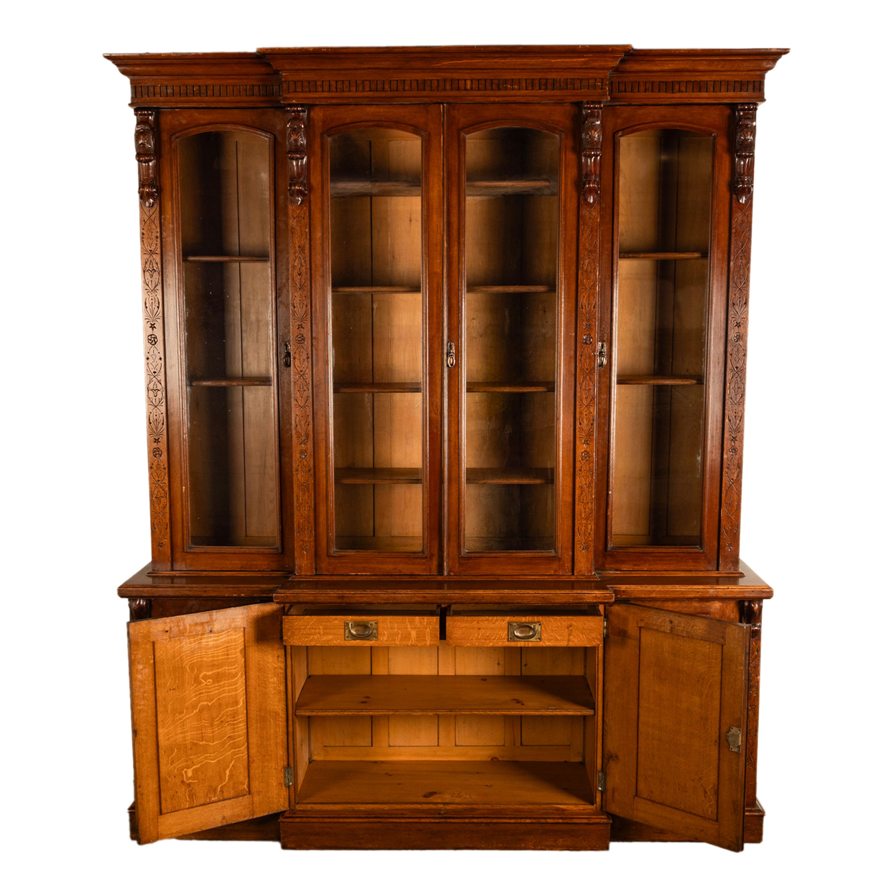 Antique Monumental Irish Carved Oak Breakfront Bookcase Library Bibliotheque 4