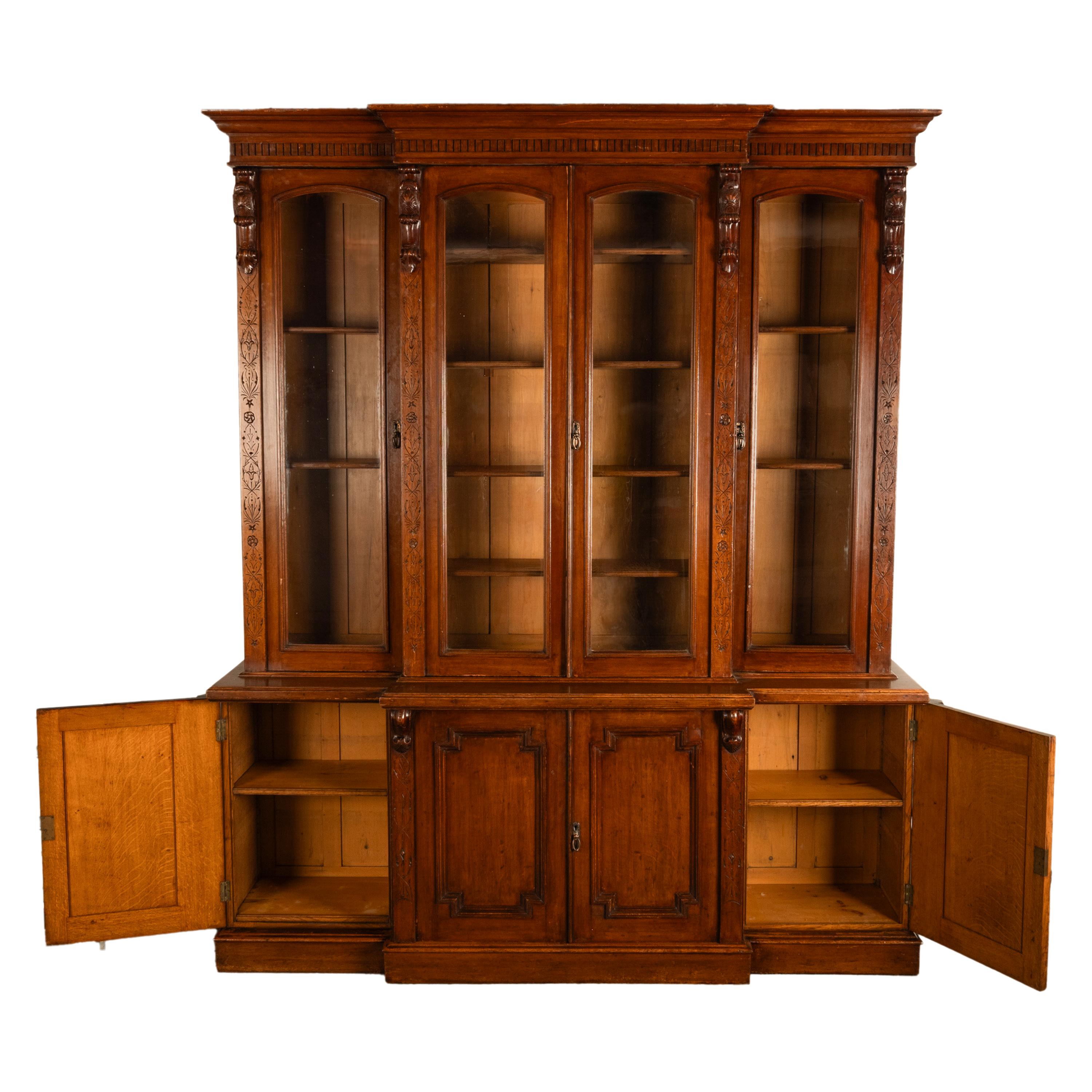 Antique Monumental Irish Carved Oak Breakfront Bookcase Library Bibliotheque 5