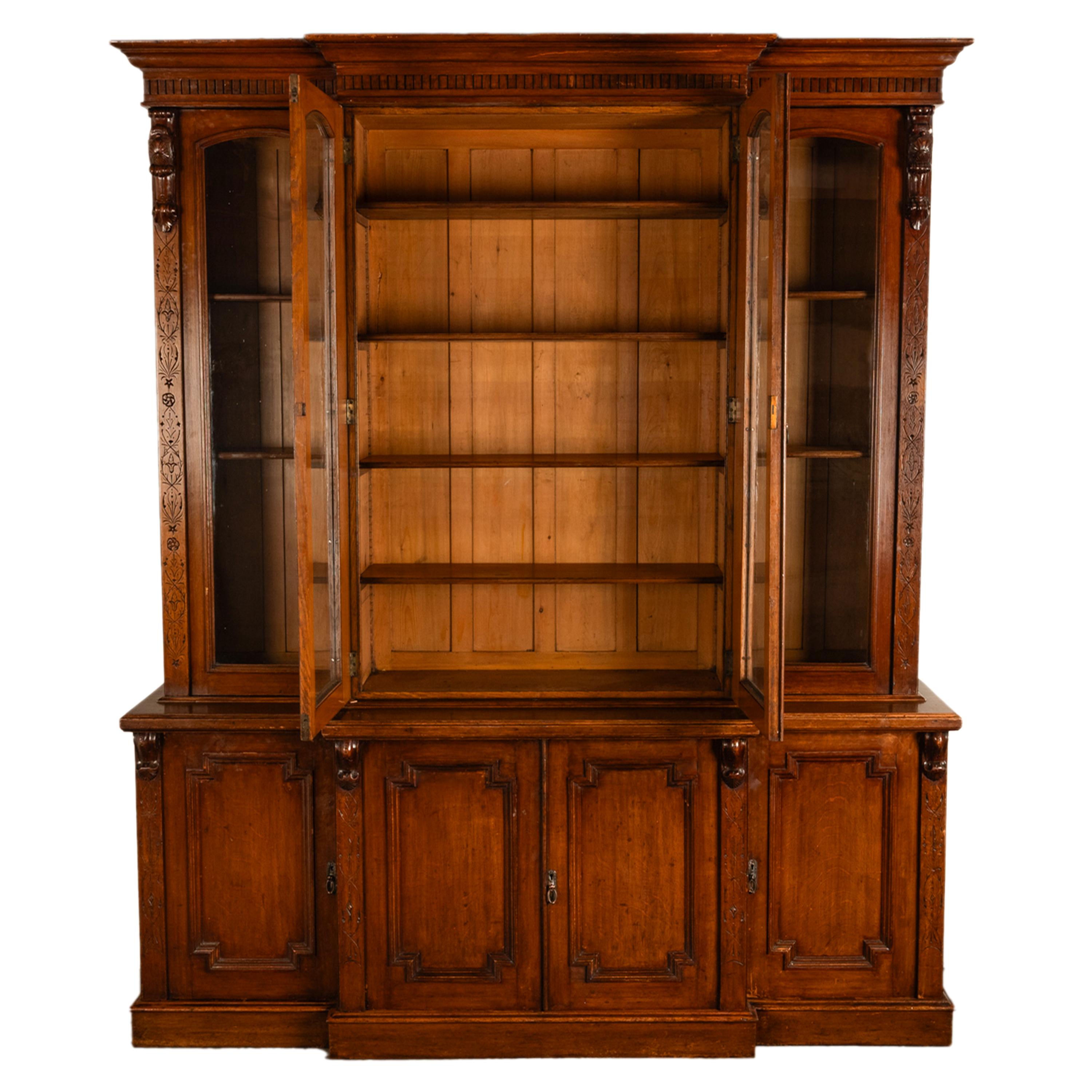 Antique Monumental Irish Carved Oak Breakfront Bookcase Library Bibliotheque 6