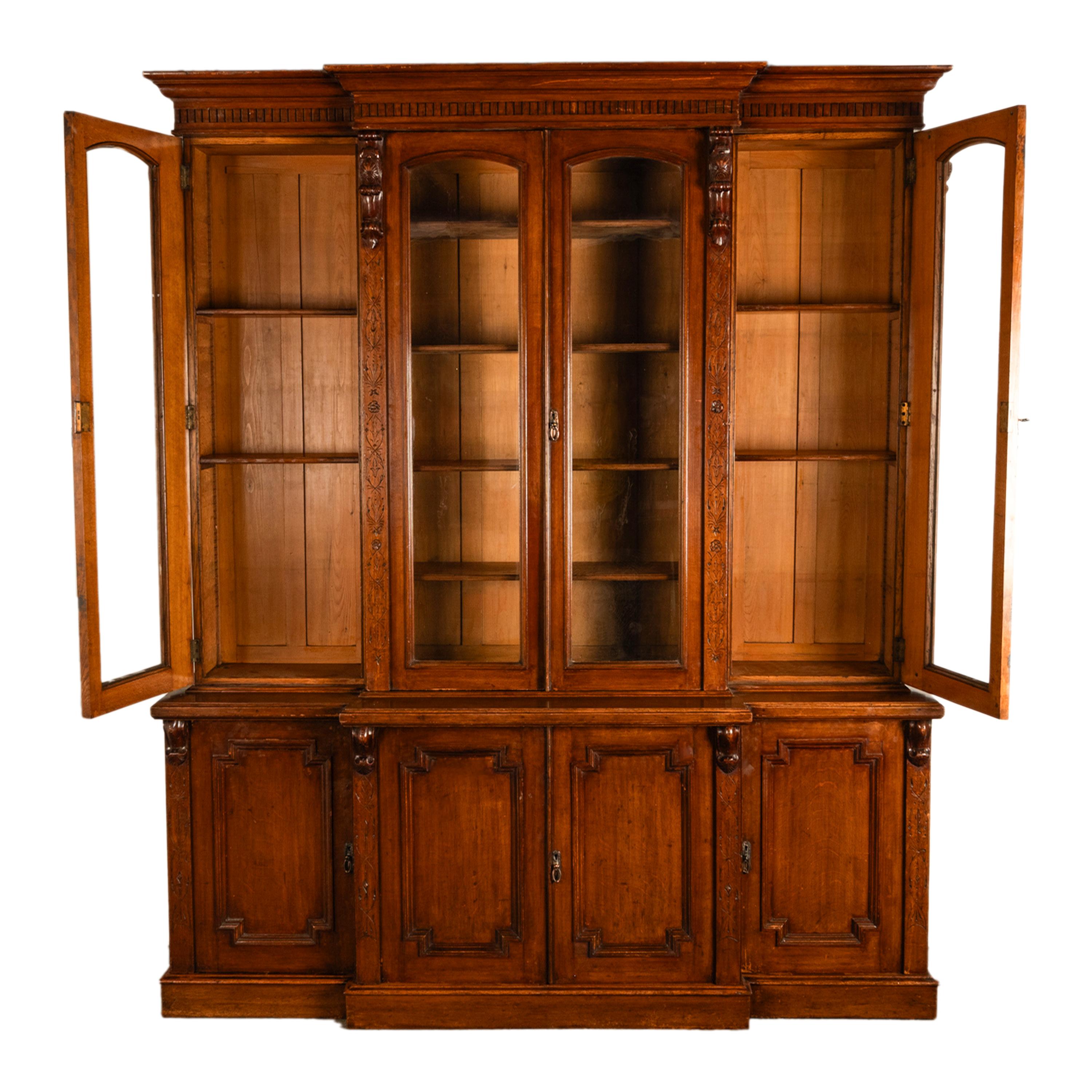 Antique Monumental Irish Carved Oak Breakfront Bookcase Library Bibliotheque 7