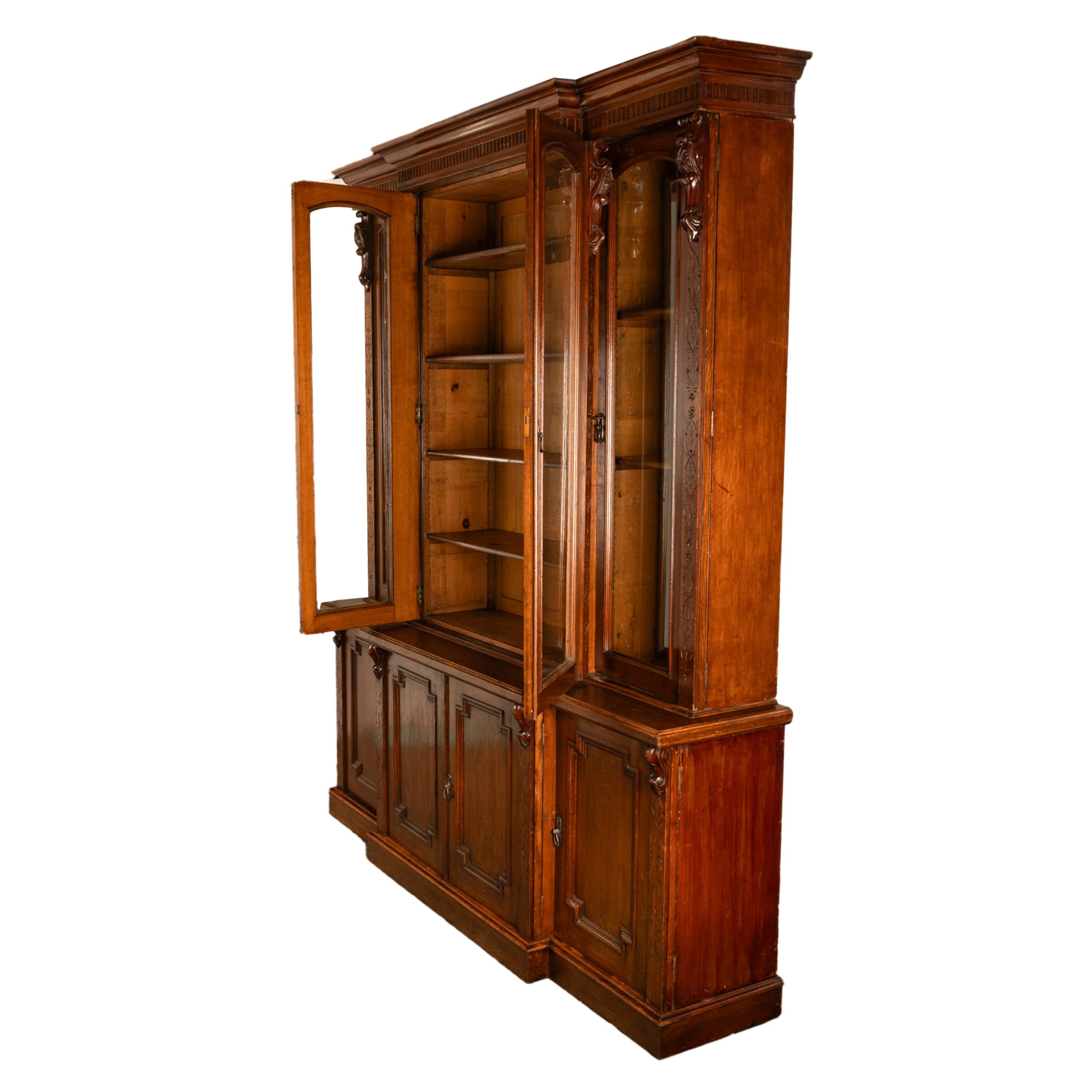 Antique Monumental Irish Carved Oak Breakfront Bookcase Library Bibliotheque 8