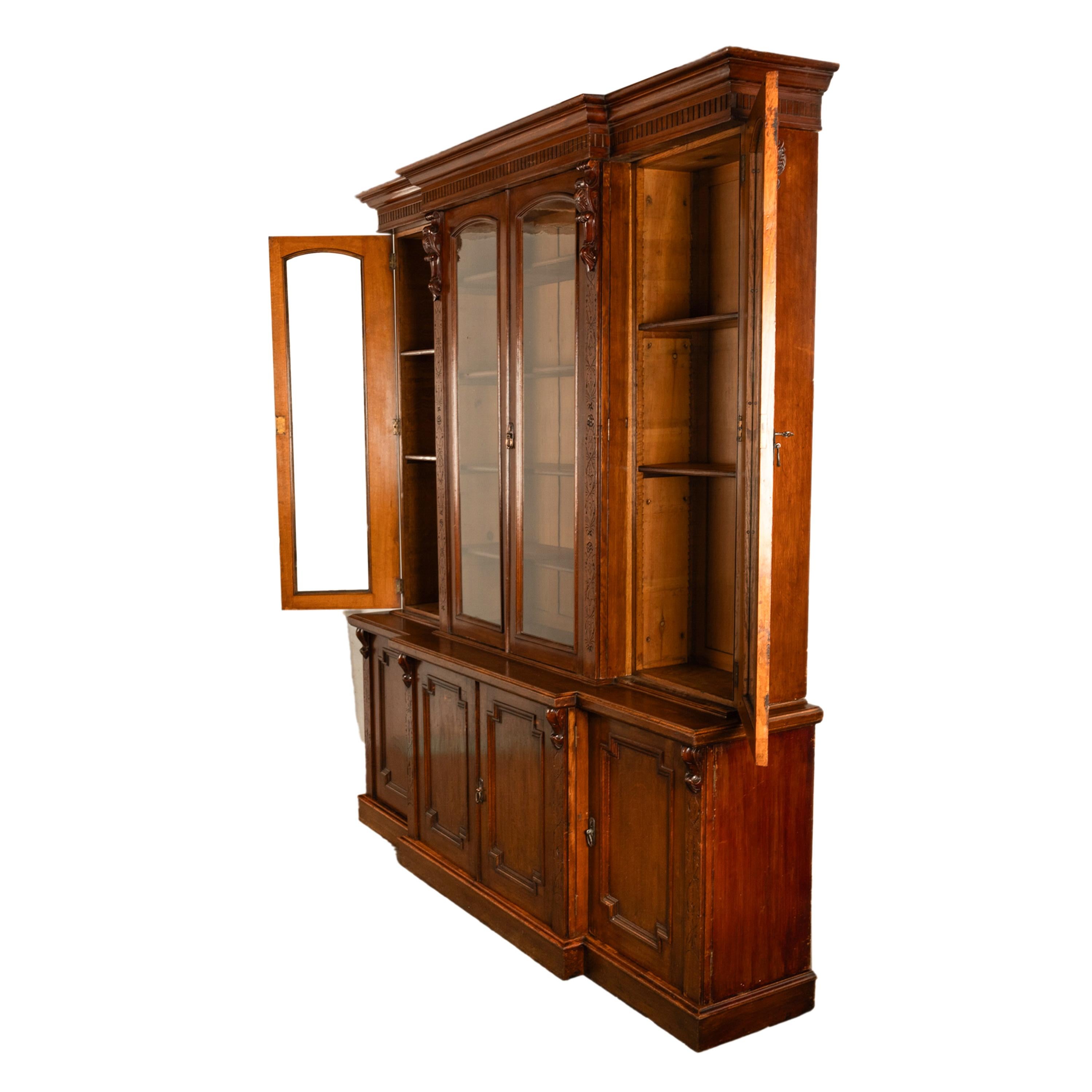 Antique Monumental Irish Carved Oak Breakfront Bookcase Library Bibliotheque 9