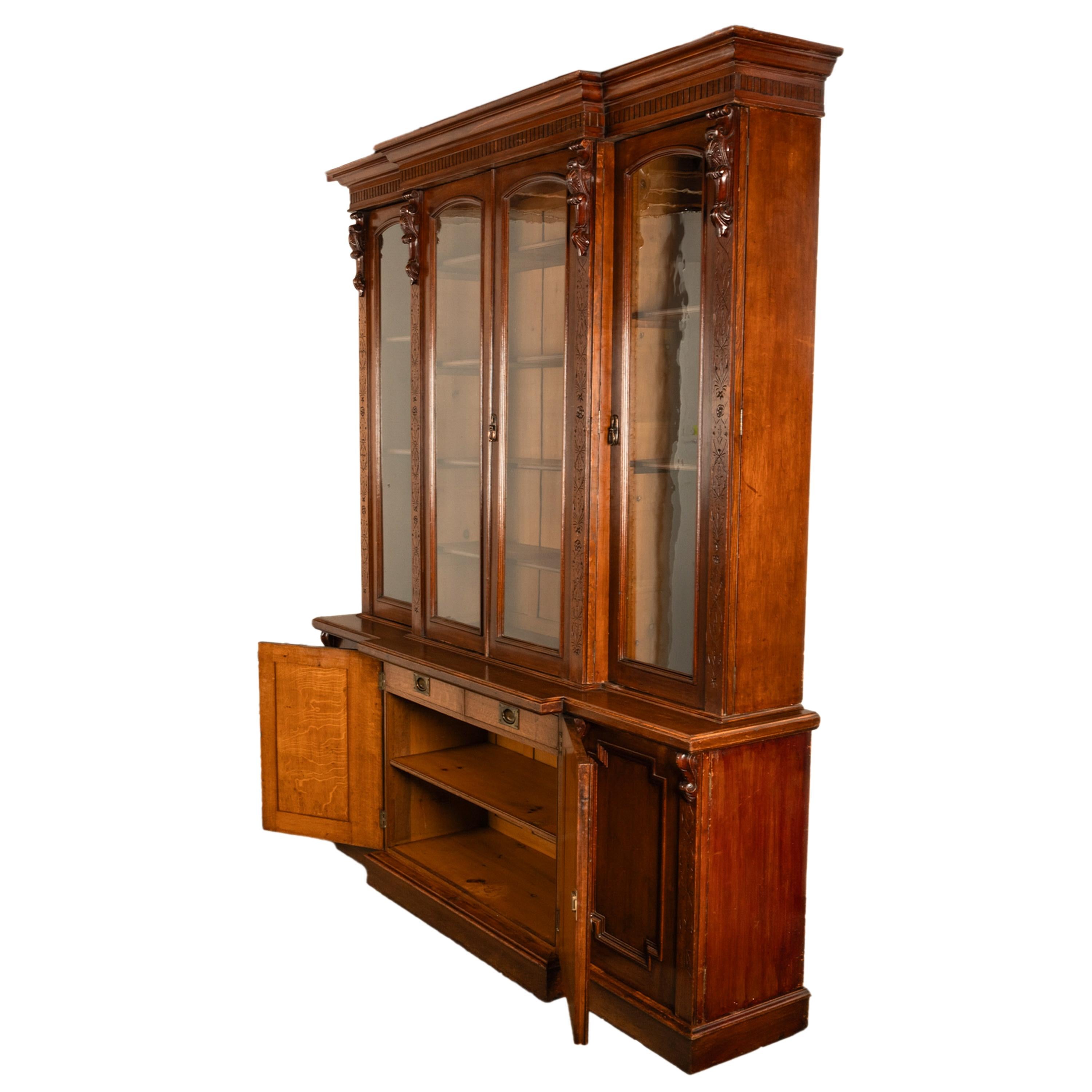 Antique Monumental Irish Carved Oak Breakfront Bookcase Library Bibliotheque 10