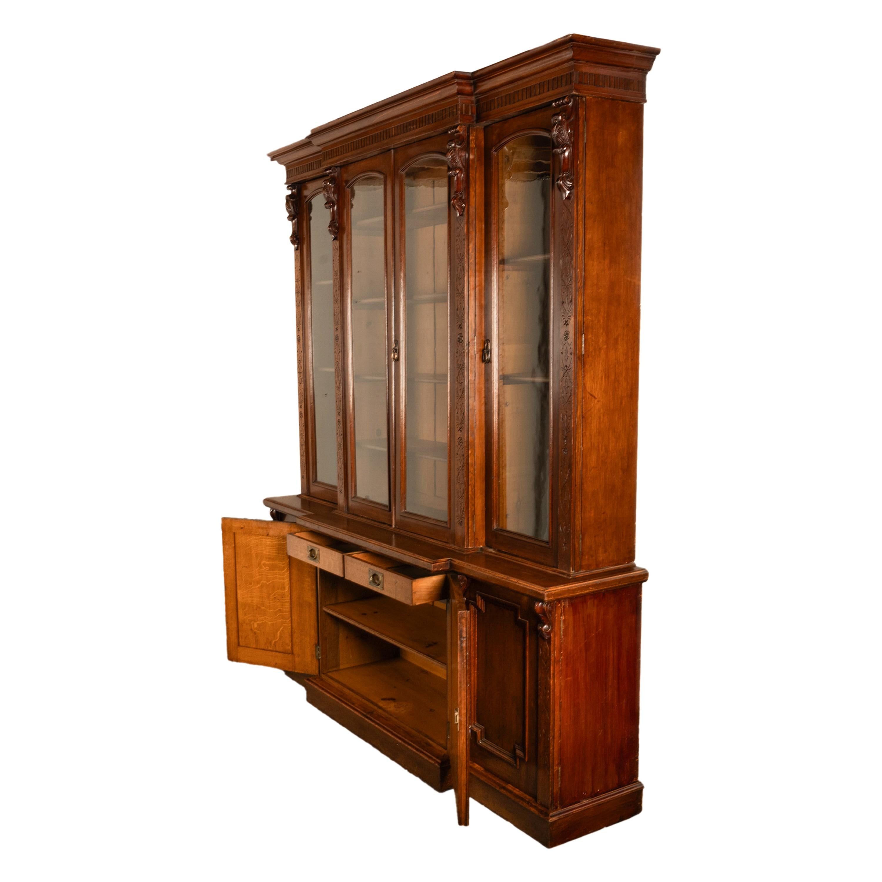 Antique Monumental Irish Carved Oak Breakfront Bookcase Library Bibliotheque 11