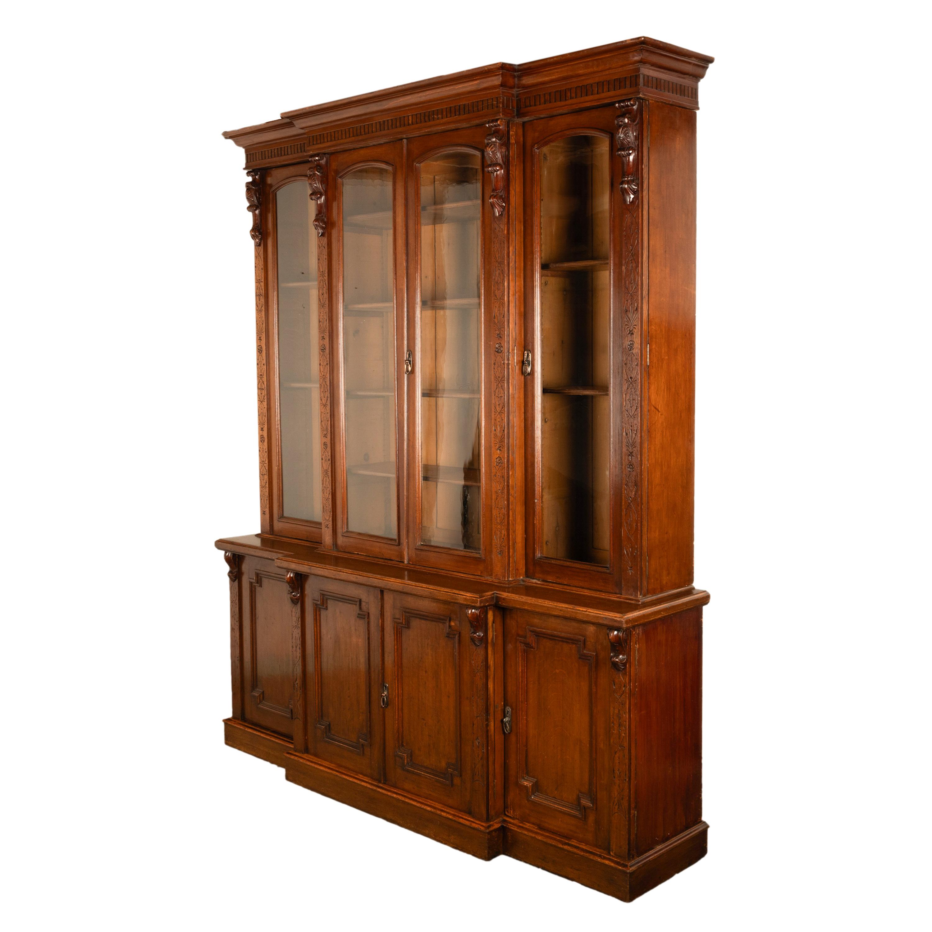 Antique Monumental Irish Carved Oak Breakfront Bookcase Library Bibliotheque 12