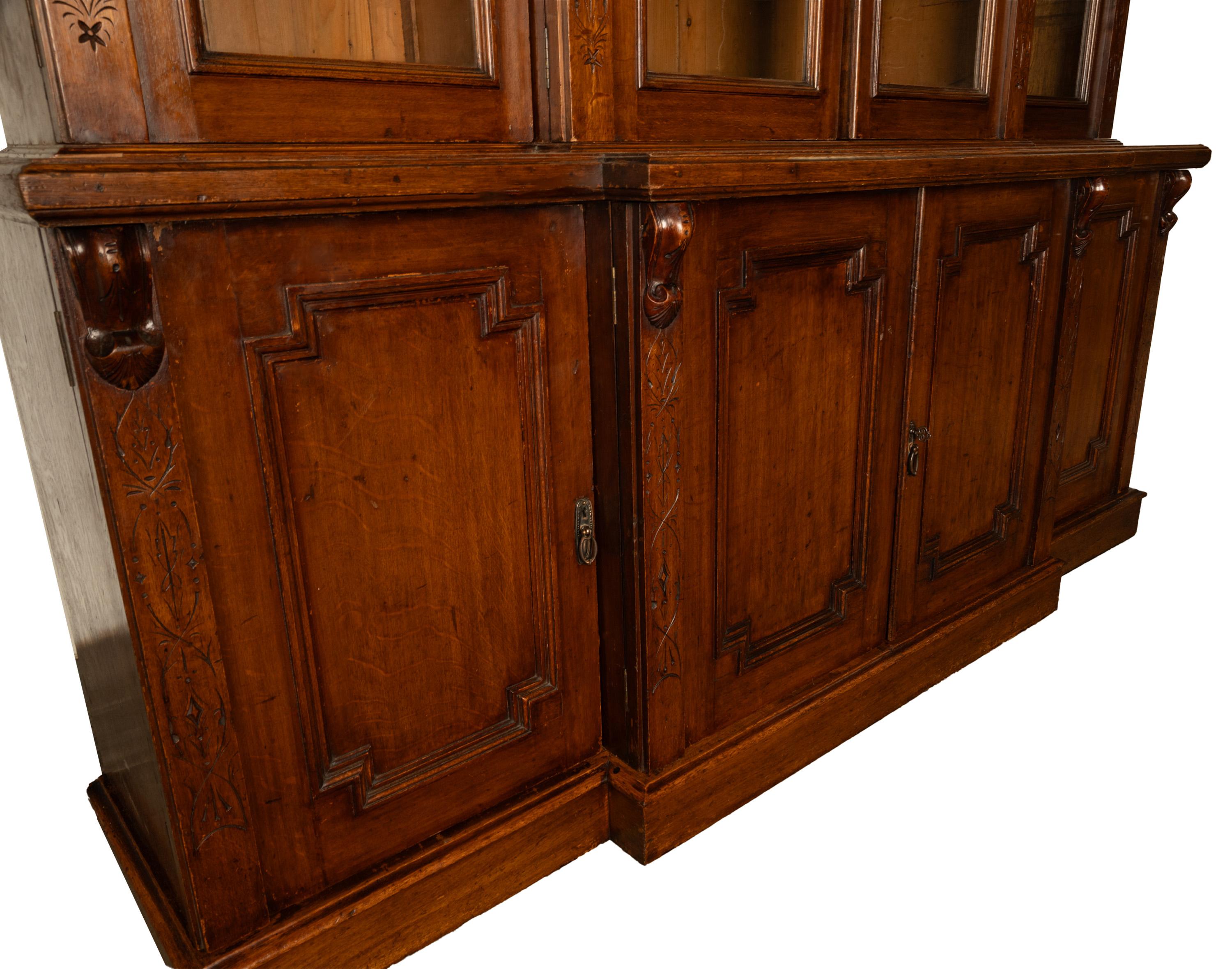 Antique Monumental Irish Carved Oak Breakfront Bookcase Library Bibliotheque 14