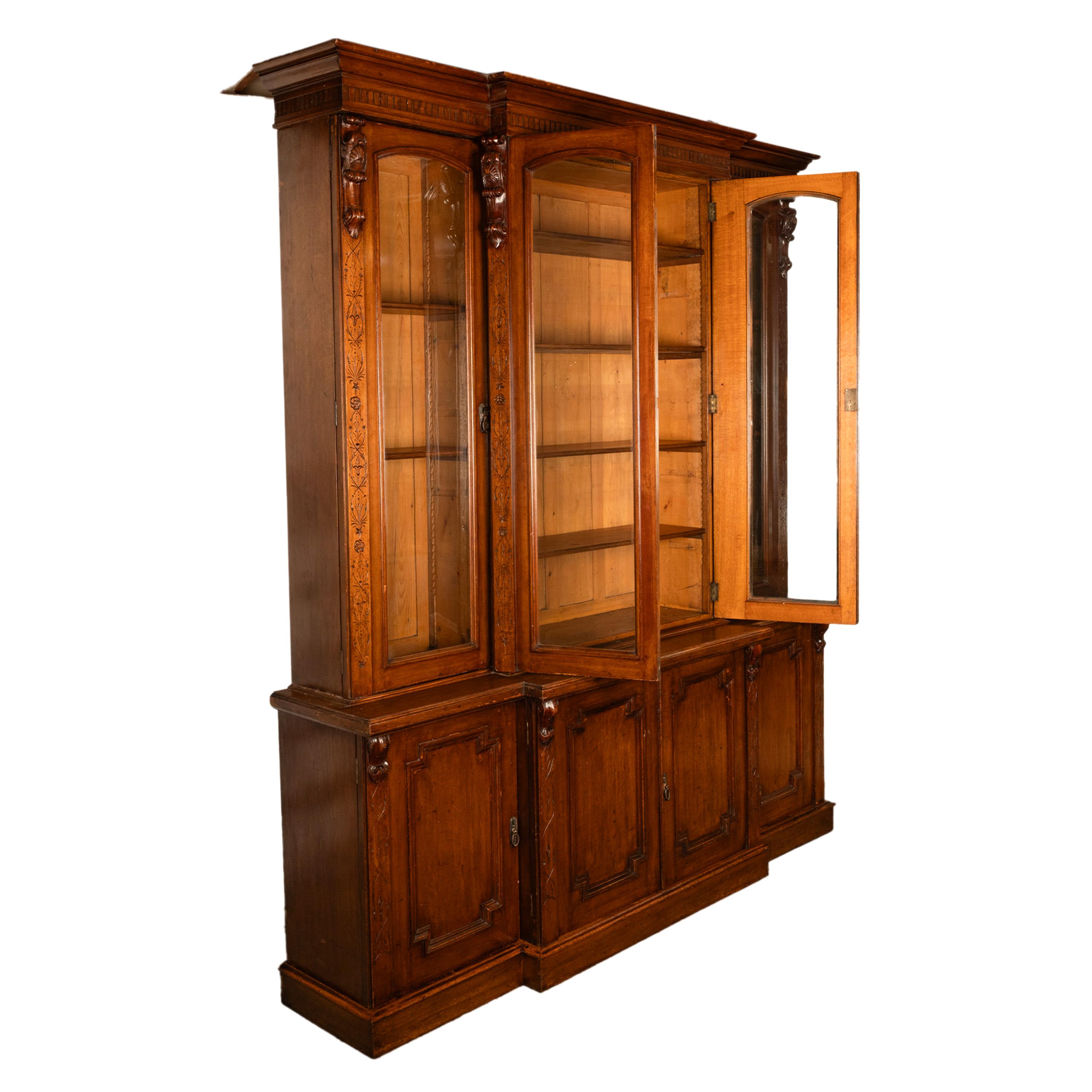 Northern Irish Antique Monumental Irish Carved Oak Breakfront Bookcase Library Bibliotheque